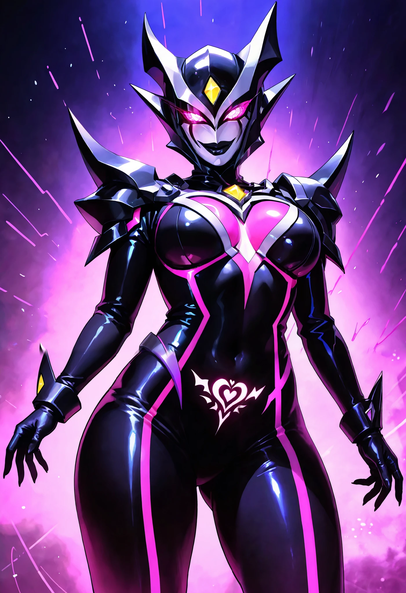 Dark UltraWoman. (high quality)(luster)((Black Face and red eyeline))(Black and purple thema color. black helmet. A full-face helmet. Pink lines. Purple glowing mechanical eyes. The whole body is covered with a black bodysuit. Thick legs. Spike decoration. Pink lines all over the body. Heart tattoo . purple coloreye. pink glow crystal. pink sharp claw. Night background.
