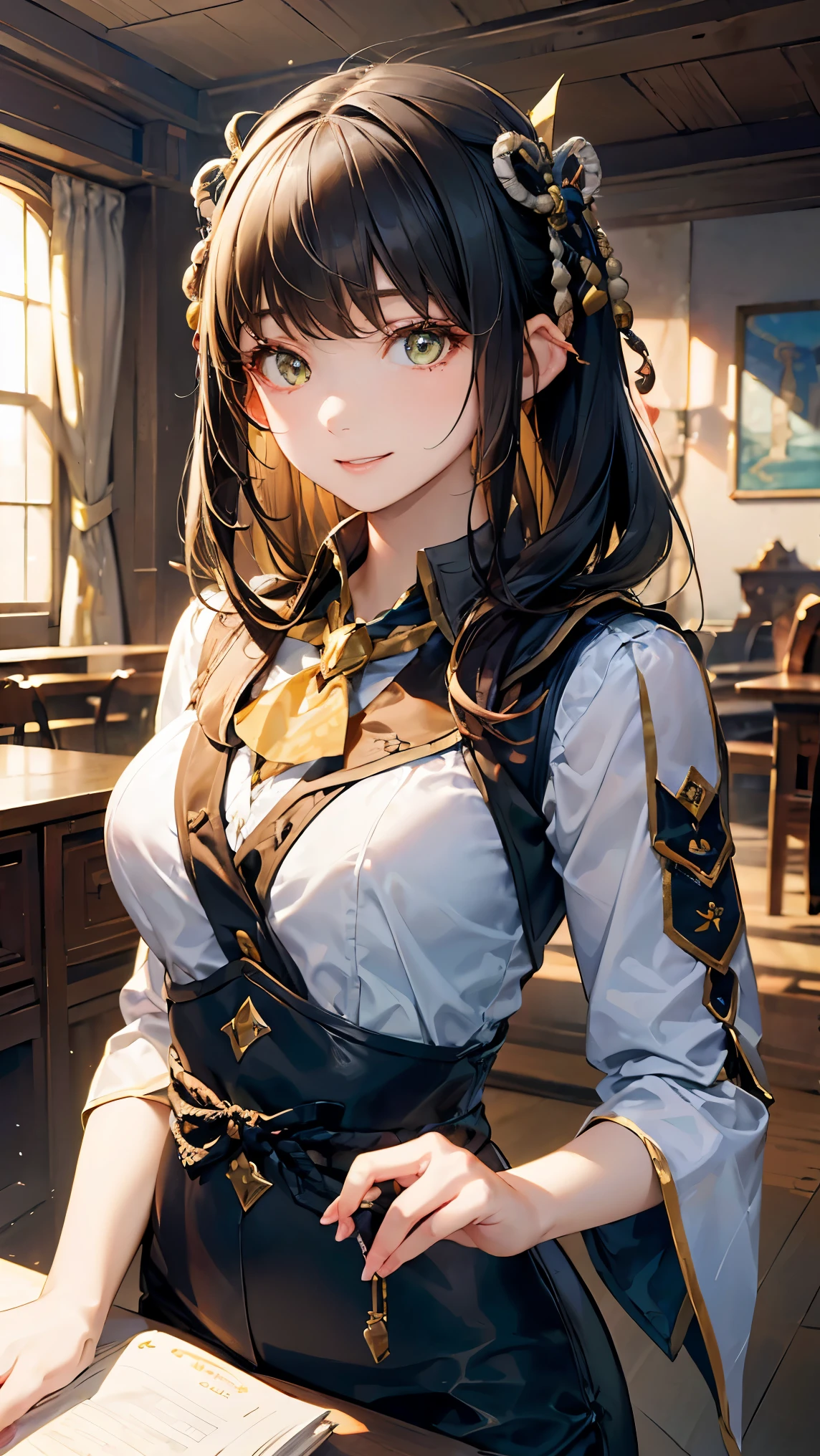((Best quality, 8k, Masterpiece: 1.3)), A cheerful and adventurous female receptionist from a fantasy hunting guild, inspired by the 'Monster Hunter' series. She has a warm smile and bright, expressive eyes. She wears a detailed, fantasy-style uniform with leather straps, a high-collared vest, and a stylish scarf. Her outfit includes intricate embroidery, pouches, and a book for recording hunting quests. Her hair is neatly tied with a decorative hairpiece, complementing her energetic and helpful personality. The background features a lively guild hall filled with wooden furniture, maps, and hunting trophies, creating an immersive fantasy setting. The lighting is warm and inviting, emphasizing her friendly and enthusiastic demeanor