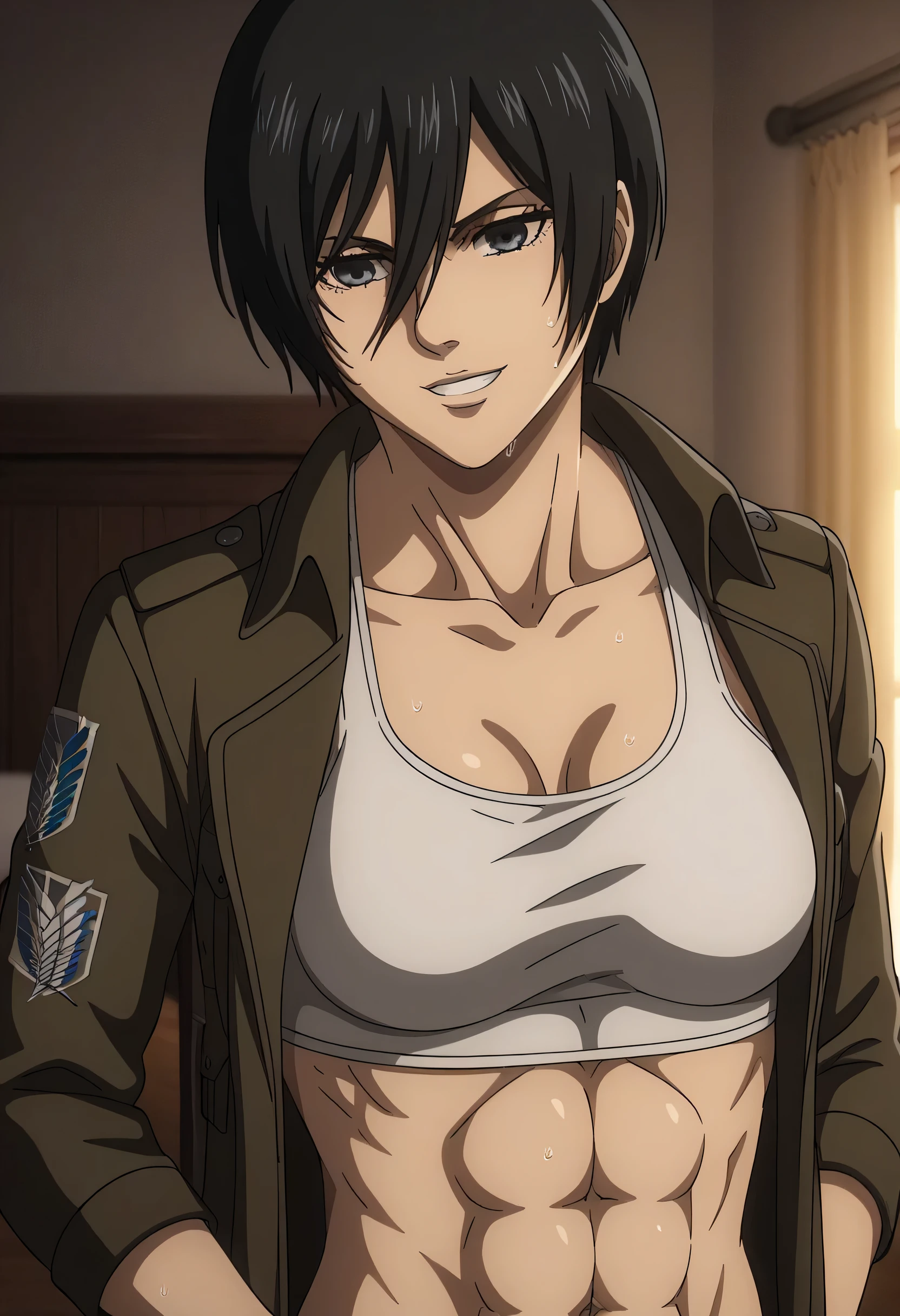score_9, score_8_up, score_7_up, BREAK source_anime, mikasa ackrman, grey eyes, black hair, short hair, medium breasts,Mikasa wreanig open buttons white shirt black tight sport Elastic fiber bra and red loose military trousers,mikasa with good looking body,perfect lighting,mikasa final season design,mikasa mappa version,sitting on chair, Perfect generation,mikasa boy hairstyle,mikasa season 4 version,attack on titan graphics,in night,HD wallpaper,perfect matching colors,pixie cut hairstyle,fighting face,,Sweat body,mikasa flat stomach,mikasa only six-pack,normal body size,anime style,tone six-pack,attack on titan season 4 style,upper body,close review to character,bra design as tank top, mikasa handsome face,in bedroom,light trun off in room,mikasa alone in room,solo,1girl, serratus anterior muscles,Qblique muscles,female navel,teeth appear at smile,too white skin,fixing graphics,mikasa perfect face,mikasa open pants buttons indicates that she ready to have sex,wearing long sleeves green jacket,hands on jacket Pockets