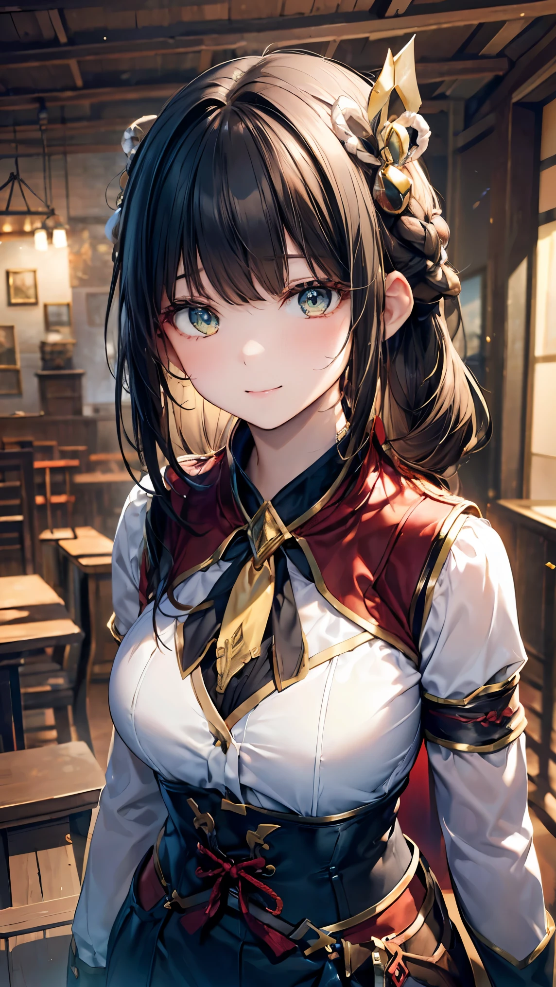 ((Best quality, 8k, Masterpiece: 1.3)), A cheerful and adventurous female receptionist from a fantasy hunting guild, inspired by the 'Monster Hunter' series. She has a warm smile and bright, expressive eyes. She wears a detailed, fantasy-style uniform with leather straps, a high-collared vest, and a stylish scarf. Her outfit includes intricate embroidery, pouches, and a book for recording hunting quests. Her hair is neatly tied with a decorative hairpiece, complementing her energetic and helpful personality. The background features a lively guild hall filled with wooden furniture, maps, and hunting trophies, creating an immersive fantasy setting. The lighting is warm and inviting, emphasizing her friendly and enthusiastic demeanor