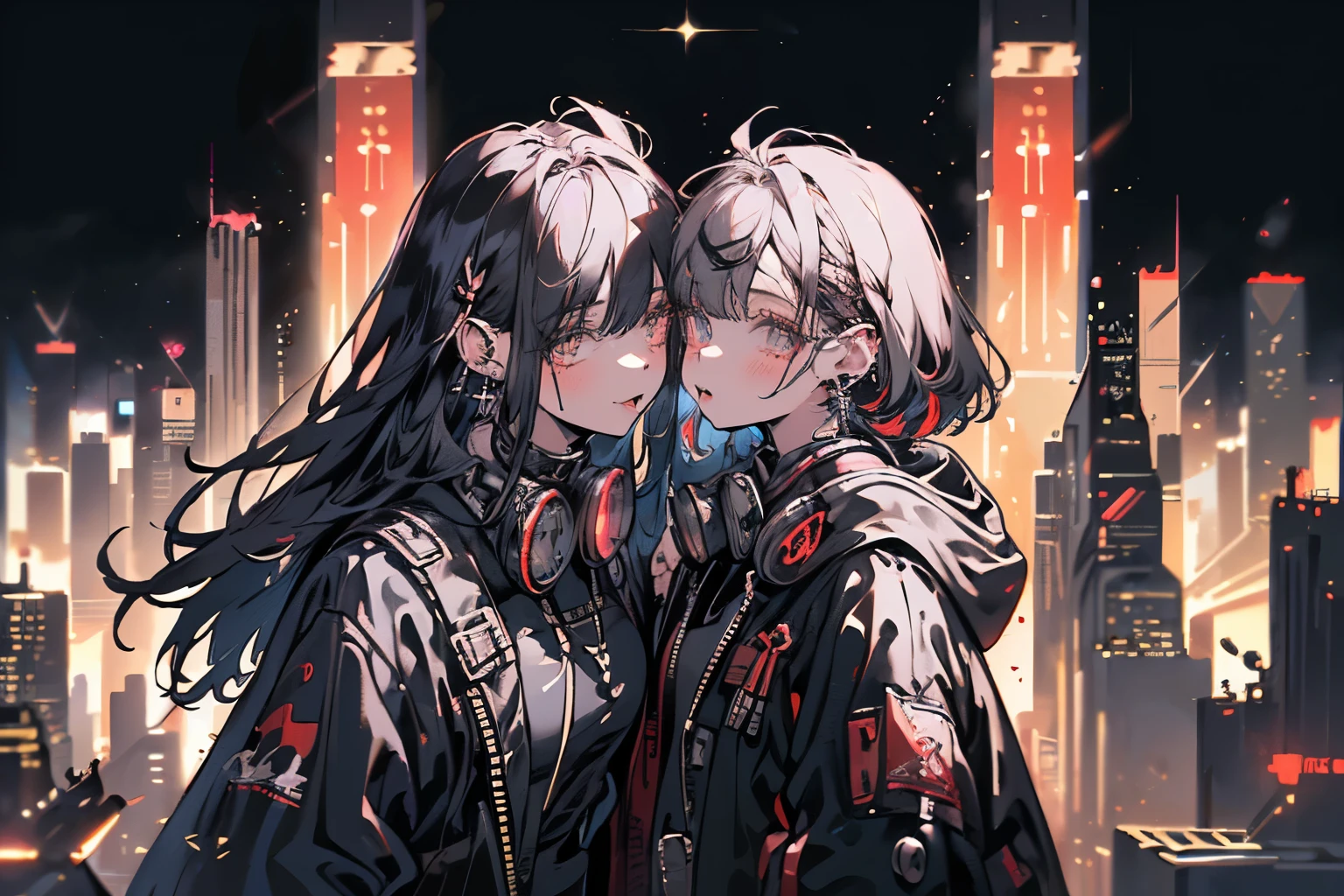 ( masterpiece, top quality, top quality, Official Art, beautiful 、Sophisticated:1.2), ( Two girls' :1.3), very well detailed,( fractal art :1.1),( colorful :1.1), highest resolution , ( glowing cityscape against a background of neon lights :1.3), ( Shiny Skin), ( multicolor:1.4), ,( Women's Single Earrings :1.4), ( white short hairs ),( black long hair)( cyber dress )( looks up, )(Singing )( headphones)( Open Your Mouth) ( head-mounted display to adjust goggles), ( Face-to-face )( low angle)(Electro)