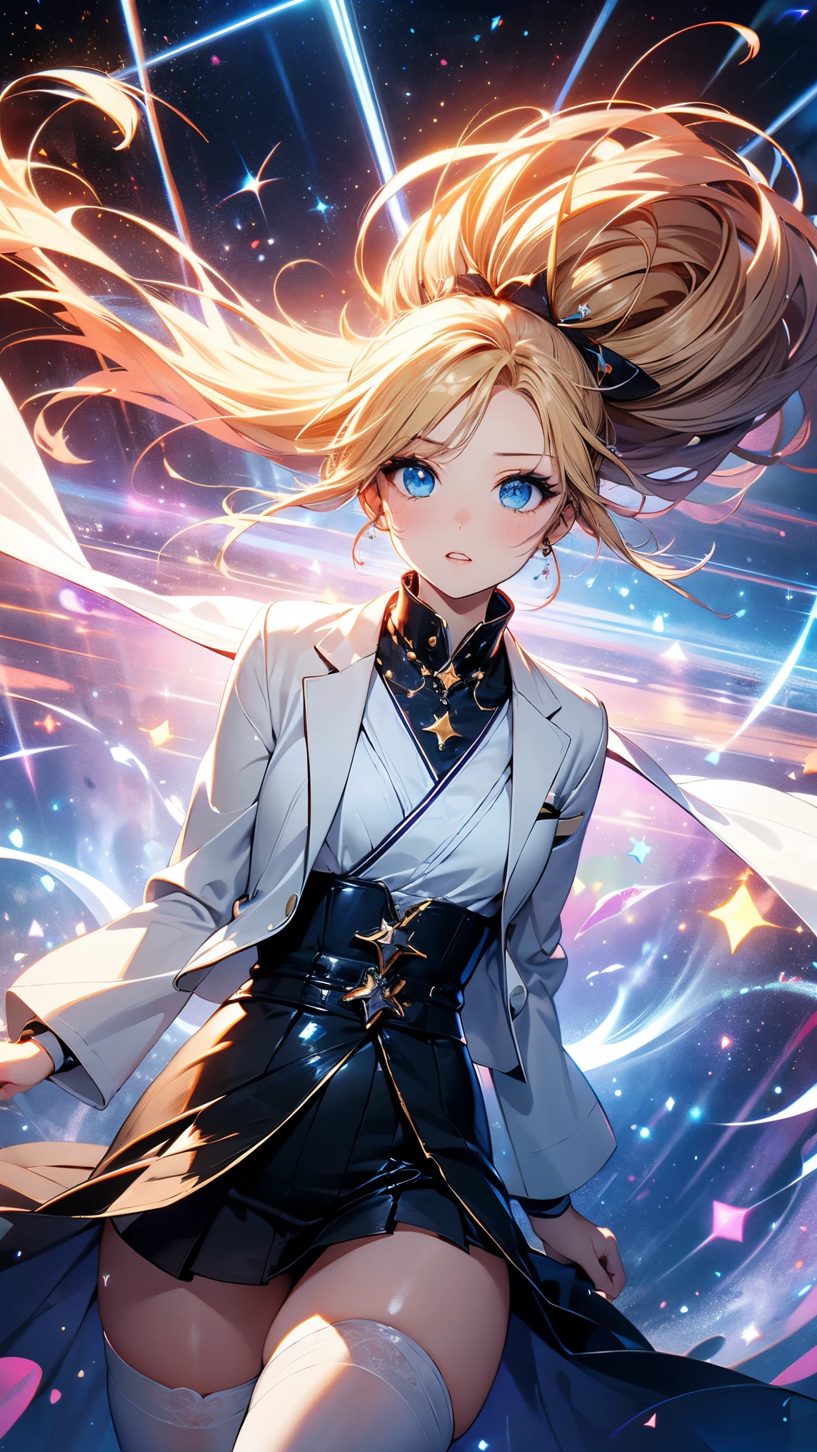 Very Beautiful and Cute Girl ,,Floating space ,Extremely fantastic and mystical anime art,(( blonde low ponytail , very beautiful blue eyes )),((magical white robe, white thigh high stockings :1.1)),midjourney,((masterpiece:1.3)),A lot of diffuse light ,starlight_reflection, surrounded by shooting stars , Cosmic Space,Countless sparkling stars,nebula, auroras,Milky Way, constellation,((wind_effect:1.2)),Perfectly correct anatomy, natural makeup on a chair,Beautiful eyelashes,Double eyelids, very glossy and sexy lips , cowboy shot, dynamic angle, dynamic angle