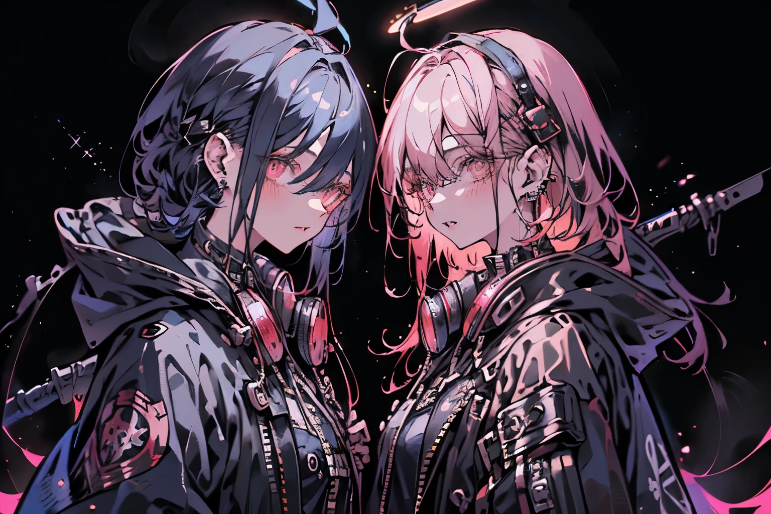 1 girl、purple short bob hair clip tied into a bun、black eyes、small breasts、uniform、gray jacket with pink line、blue skirt、 fingerless gloves、thighs、Ilcha fousing on her, surprise face, having her hands on her face, making cute expressing face. picture pose