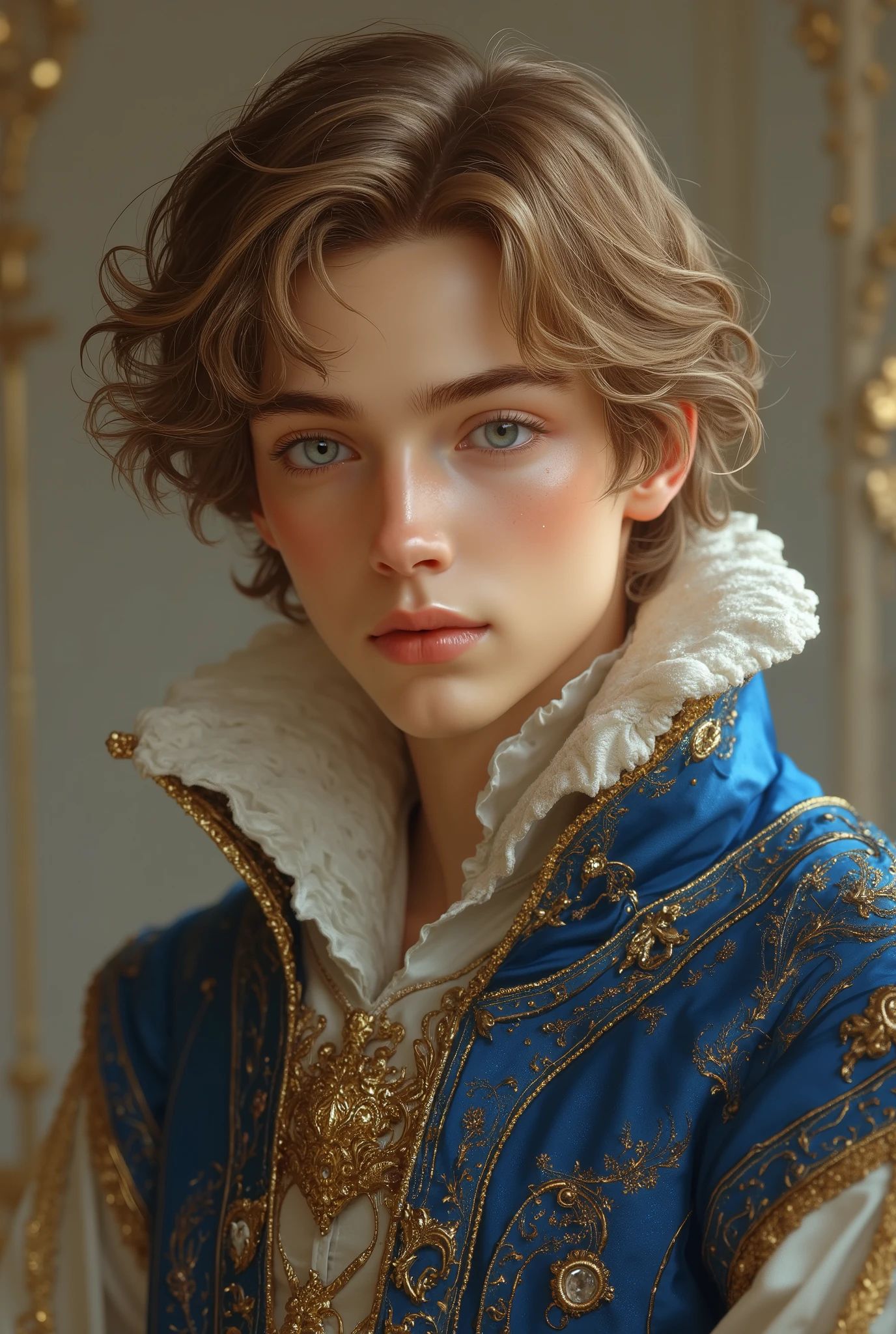 (photorealism:1.2), Handsome Renaissance prince, light brown wavy hair with golden highlights, blue hazel eyes, fair skin, blue and gold Renaissance clothing.