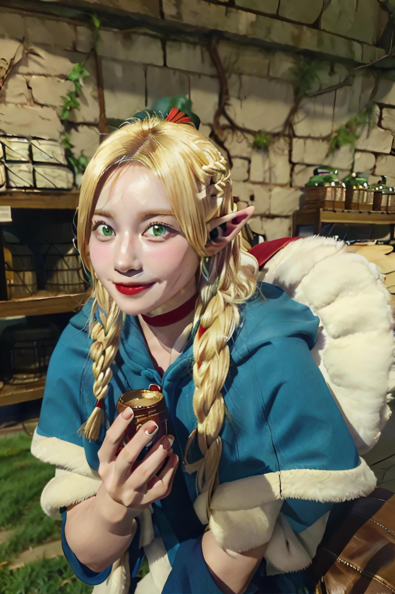 (( masterpiece, top quality)), is ridiculous,
Marshill _ Donato _DungeonMeshi,
1 girl, Alone, blond hair, long hair, Double Braid , Elf, holding beers , green eyes,
red choker , blue capelet ,
Alone, smiles, looking at viewers, cowboy shot,