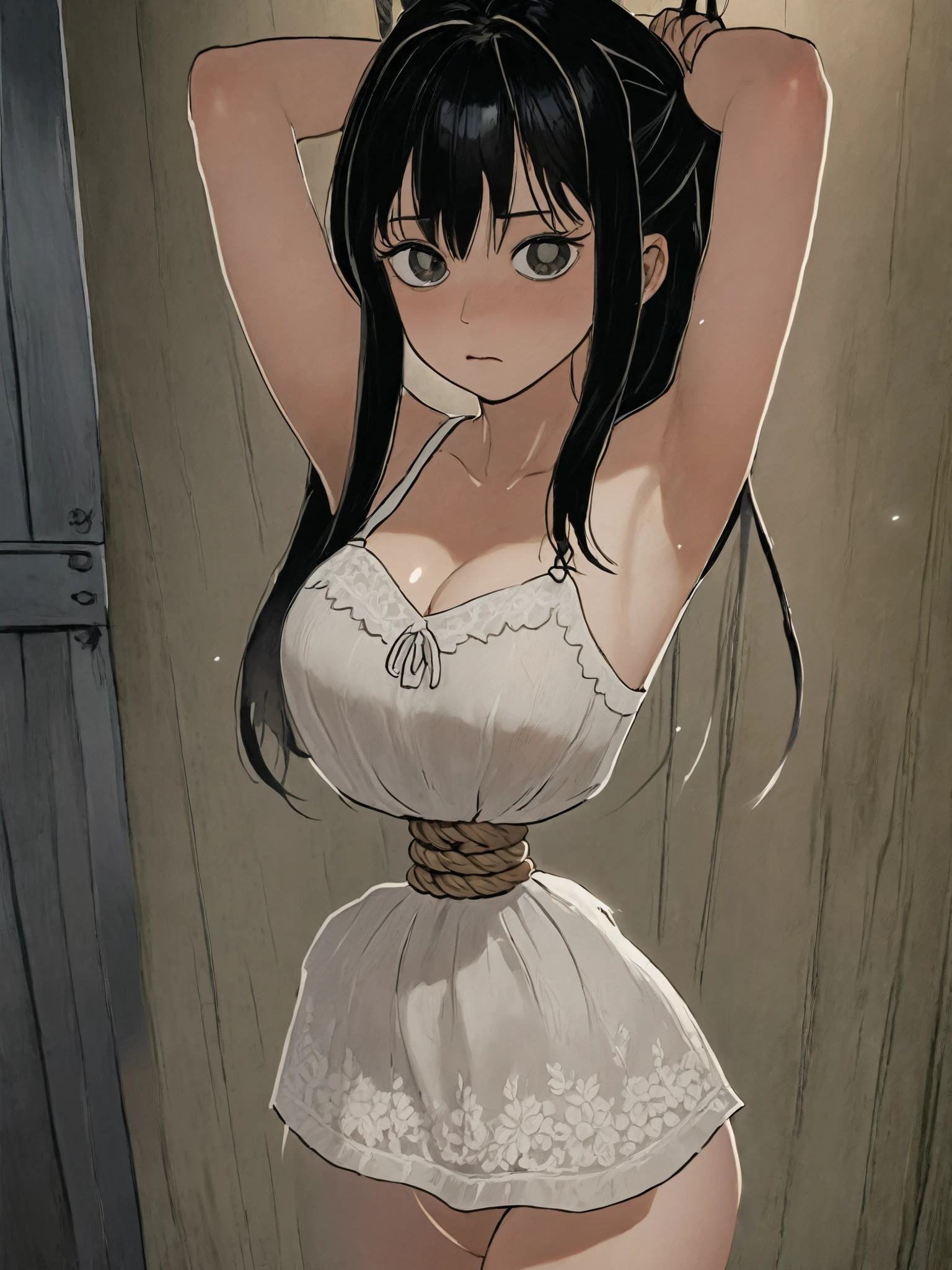 ((Real Picture Style ))),(( Masterpiece )), (( Top Quality)), ( very detailed ), Torture Room ,(((Hemp Rope Tightening Around her Waist))), cute girl,white Lace Slip Dress,beautiful black hair ,(beautiful black eyes ), long hair, expression of pain