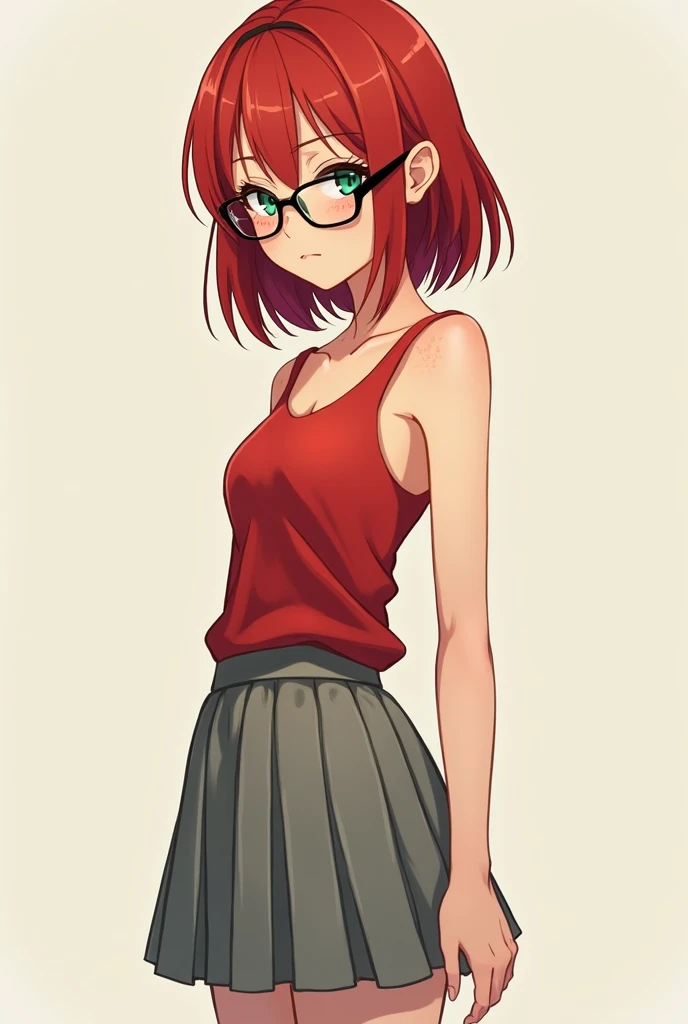 (anime/Cartoon)A girl with red hair tied in a ponytail,with glasses,with a wine-colored blouse and white pants