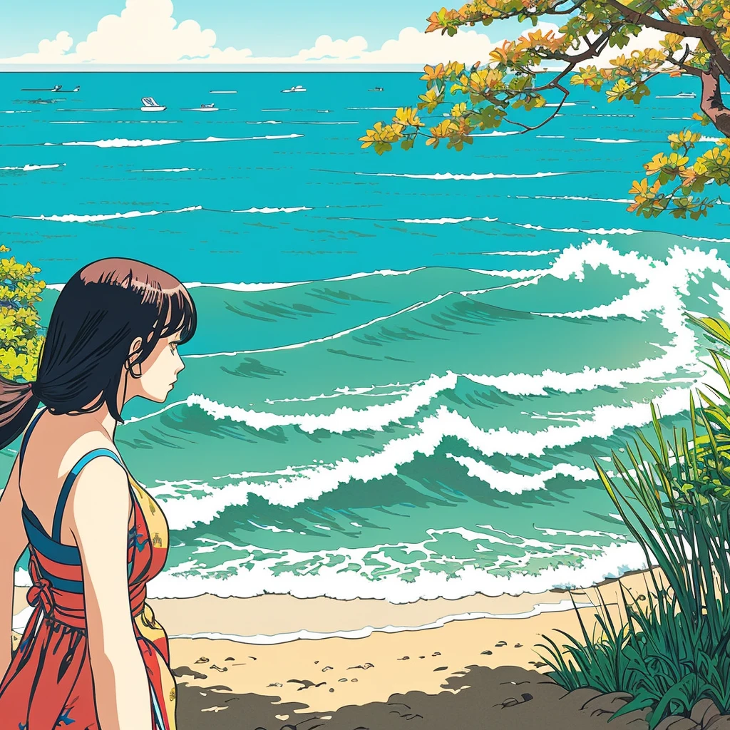 a young woman wearing a bikini is standing in the grass next to a sun burst