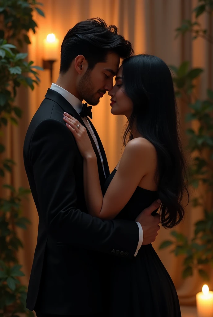 A boy jungkook in blue sexy outfit with  and long silky dark blue hairs kissing a brown girl. The girl have long black hairs and short height and she's  wearing a dark blue glitter pattern gown