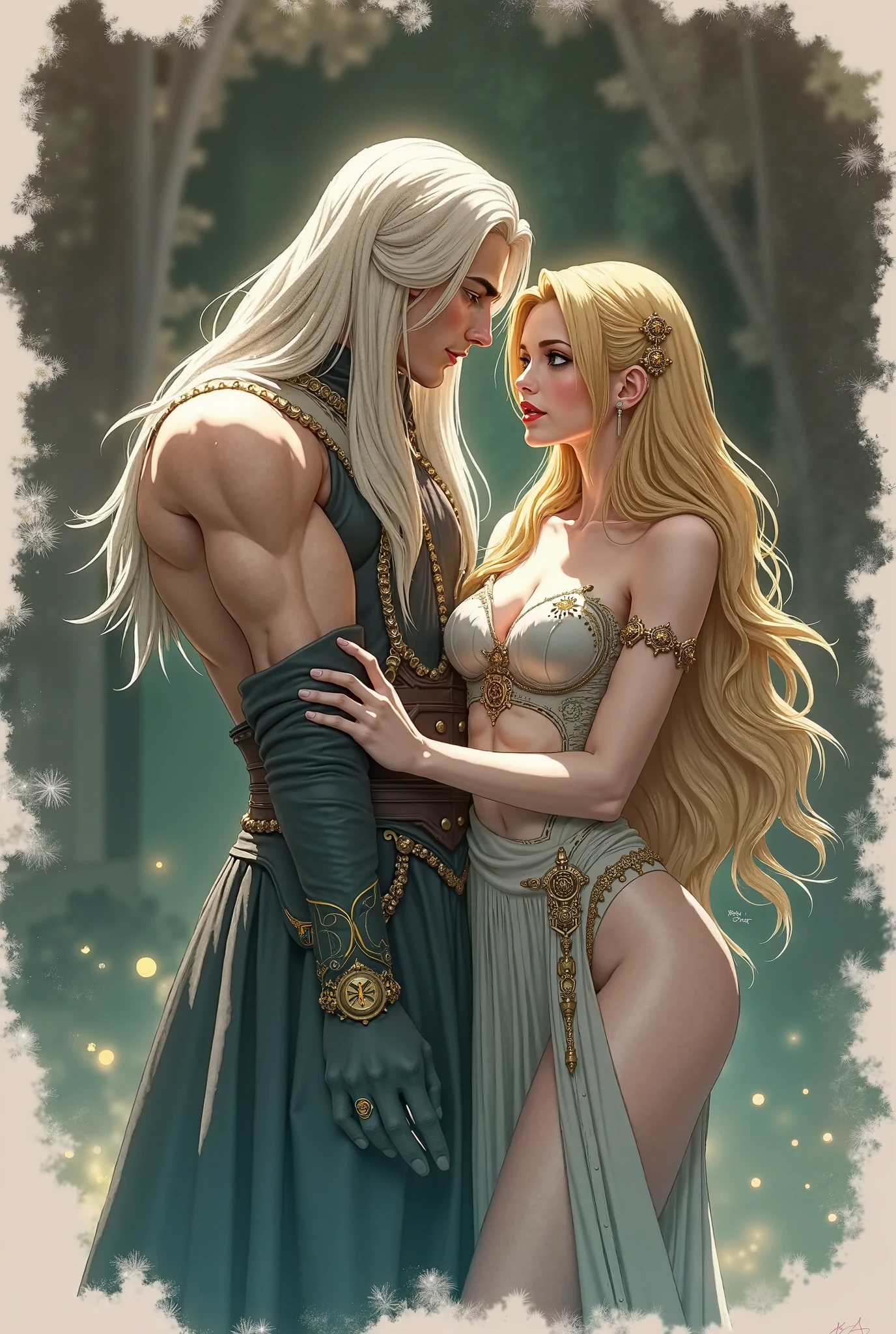 on the beach, 5 small full body, naked, naked woman lie on ground, small man riding white horse white looking back, white feather cloak, shield, bow, sword, female greek god, white hair, masculine, mature, naked, hairy torso, fantasy, intricate, elegant, highly detailed, digital painting, artstation, concept art, smooth, sharp focus, illustration, art by gaston bussiere and alphonse mucha, almost naked