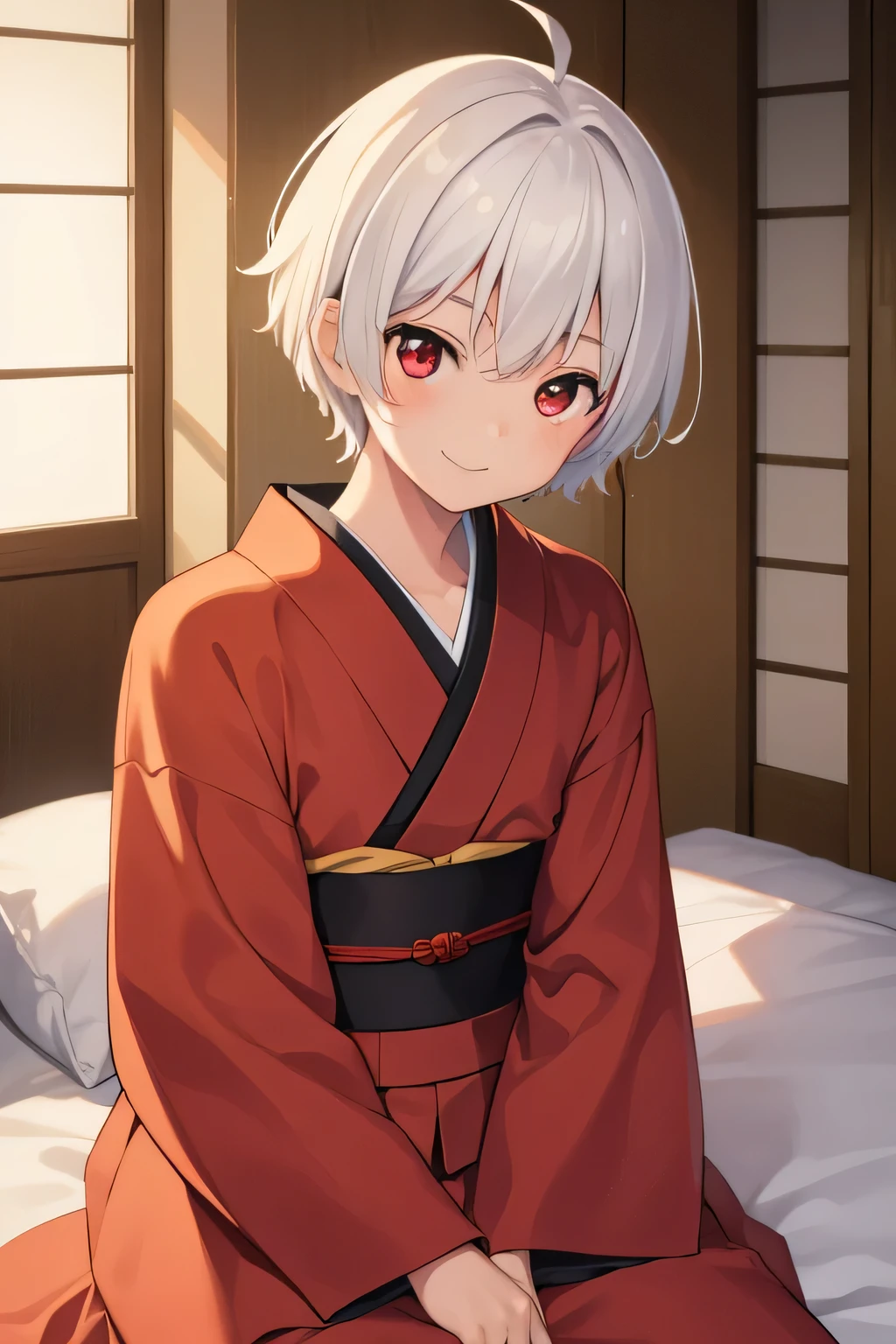 ((one boy)),,,((stupid hair)), (((White short hair)))   red eyes,  薄暗い夜のJapanese-style room , No lighting, pillow ,  sit on a futon,Japanese-style room,  kimono, (( kind smile)) ,Blushing,With an upturned gaze, top quality,   high image quality ,   Unity 8k Wallpaper,  completion、Upper body portrait,pov shoulder