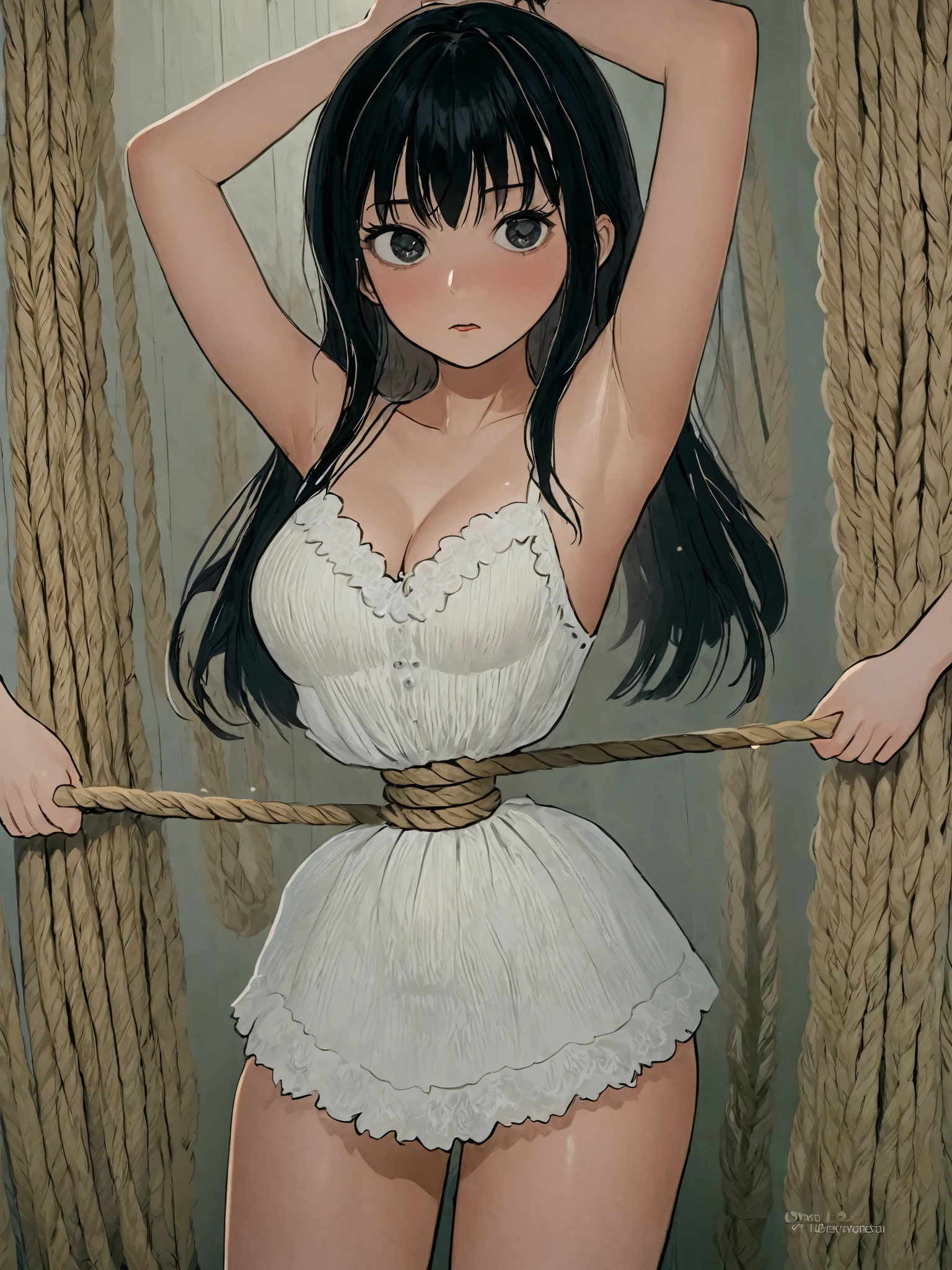 girl, ((((crop top bridal dress showing navel)))), marry , holding a bouquet ,((arms behind back, restrained, shibari, rope bondage:1.5))