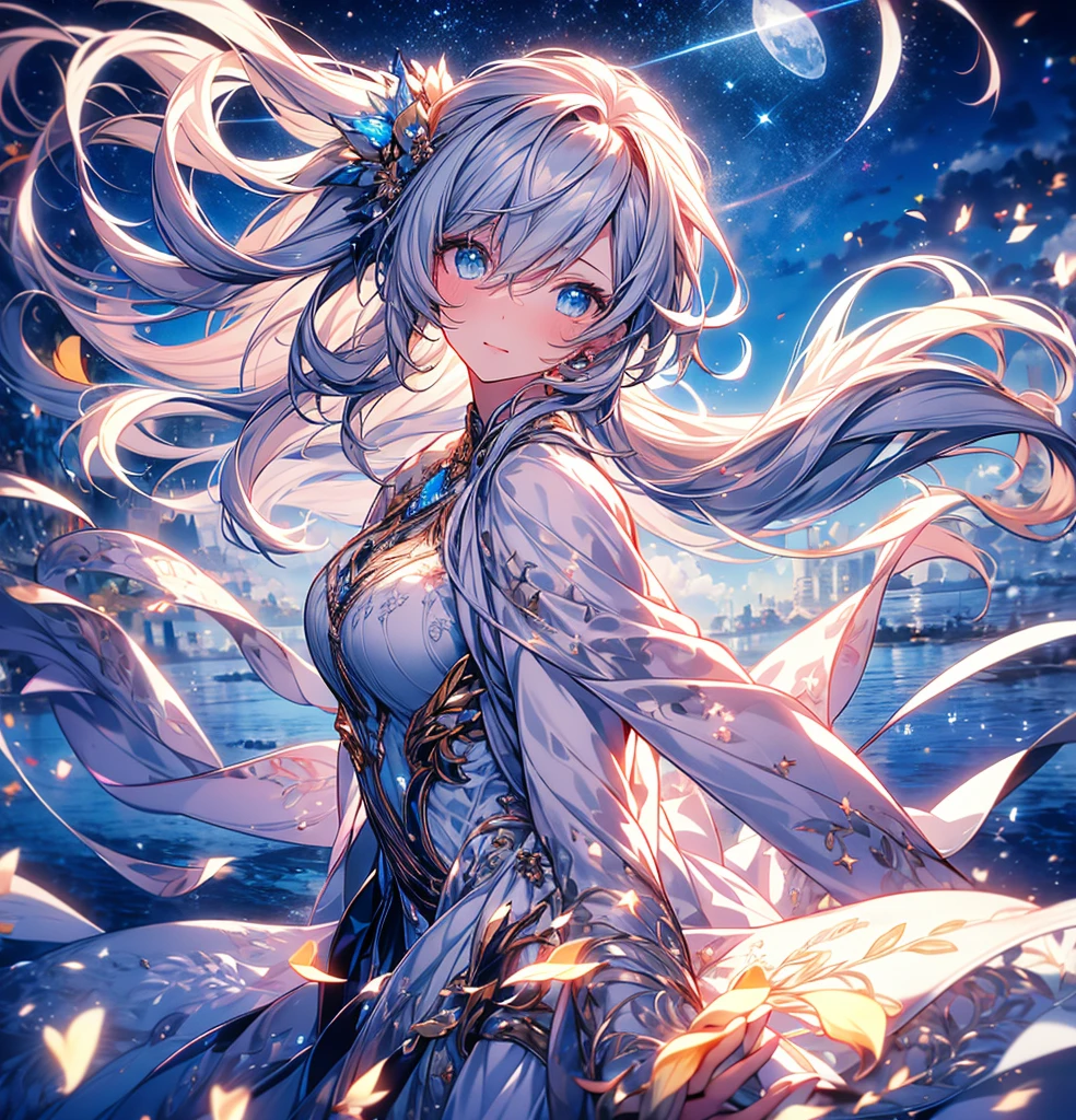 masterpiece, (Highest quality: 1.2), (Super Fine: 1.2), figure, (Very delicate and beautiful: 1.2), Film Angle, floating, (Beautiful detailing: 1.1), (Detail Light: 1.1), Film Light, Delicate Sky, woman, Gray Hair, blue eyes, (High Ponytail: 1.1), Cape, Glowing Eyes, (moon: 1.2), (moonlight: 1.1), Starry Sky, (Particles of light: 1.1), fog , Snow Painting, sketch, flowering,Facing forward