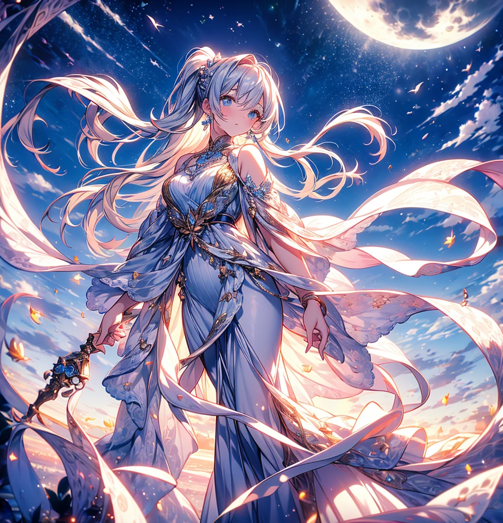 Callista, a 55-meter giant elf, emerges from an enchanted portal at dusk, her alabaster skin glowing in the moonlight. Her long golden hair falls in soft curls over her shoulders and back. Standing in a mystical meadow, her posture is graceful and seductive, one leg slightly bent, one hand caressing a flower while the other rests on her hip. Her eyes, full of wisdom and desire, gaze at the tiny humans at her feet, mesmerized by her ethereal presence. Her lips curl in a mischievous smile and her body, sculpted with grace and natural perfection, radiates an aura of enchanting eroticism, enveloping all present in a spell of submission and mystical awe.