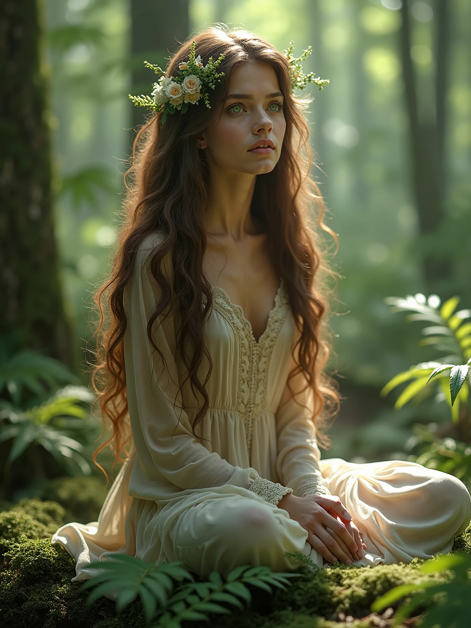 Best Quality, 4K, 8K, hight resolution, masterpiece, Ultra-detailed, Realistic, Cinematic lighting, bird's-eye view, 1girl, Small breasts, sitting in the woods with a flower in her hand, dryad in the forest, goddess of the forest, enchanted with nature spirit, goddess of nature, forest soul, forest dryad, nature goddess, inspired by Igor Kieryluk, forest fae, forest spirit, beautiful digital artwork, earth goddess mythology, mother nature, in a serene forest bathed in morning light. The scene should depict in a peaceful setting, surrounded by lush greenery, with trees whispering gently in the background. The mood is calm and meditative, capturing the moment of connecting with the tranquility of nature, reflecting the quiet whispers of the green forest."