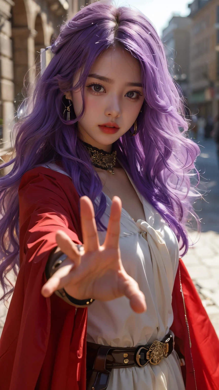 (( perfect hands))、 clear coat.dq pom ,purple hair, earrings.、 top quality , bangs , Little head on the street :1.3 Ultra Realistic :1.2 , Masterpiece, top quality , More details, realistic lighting .A Broader Perspective. fantasy . Outdoors