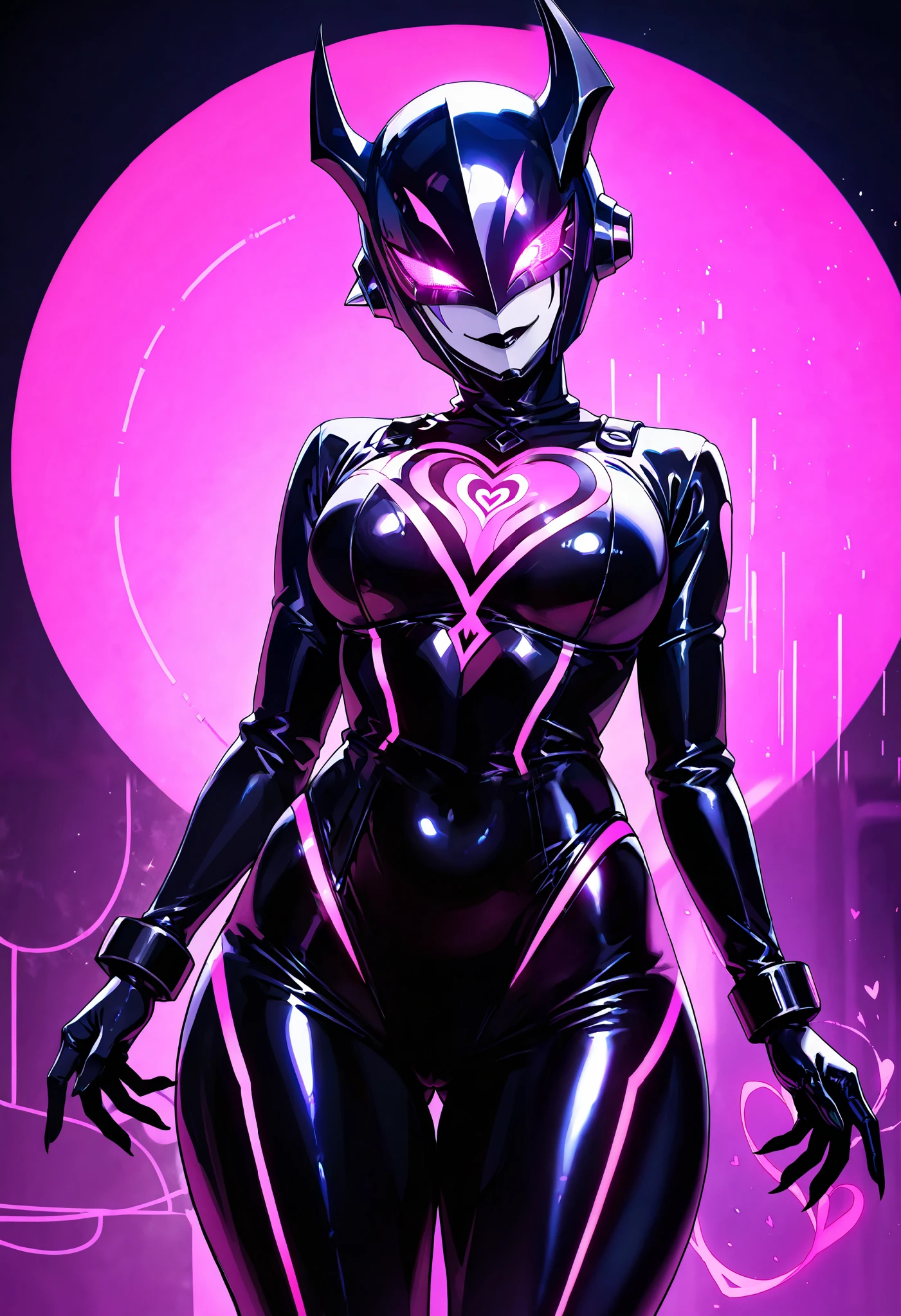 Dark UltraWoman. (high quality)(luster)((Black Face and red eyeline))(Black and purple thema color. black helmet. A full-face helmet. Pink lines. Purple glowing mechanical eyes. The whole body is covered with a black bodysuit. Thick legs. Spike decoration. Pink lines all over the body. Heart tattoo . purple coloreye. pink glow crystal. pink sharp claw. Night background.