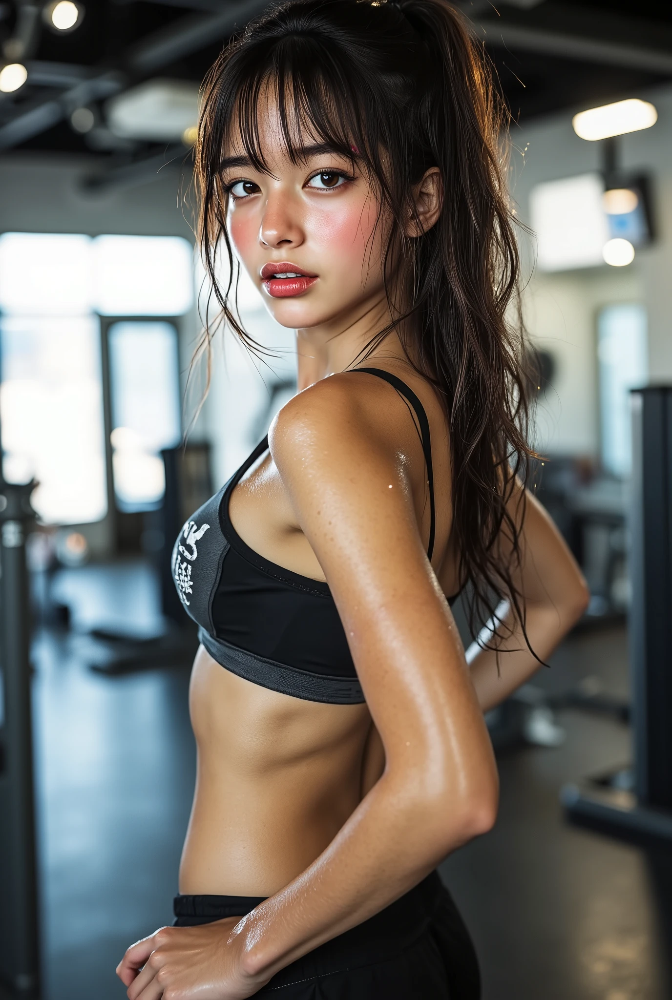 ((best quality)), ((masterpiece)), (detailed), perfect face , leather micro mini bikini ,super open abdomen,long legs gym , workout sweat super detailed face heavy lefting thin bikini  big breast transparent bikini , lots water drop her body ,wet body Slender but muscular body