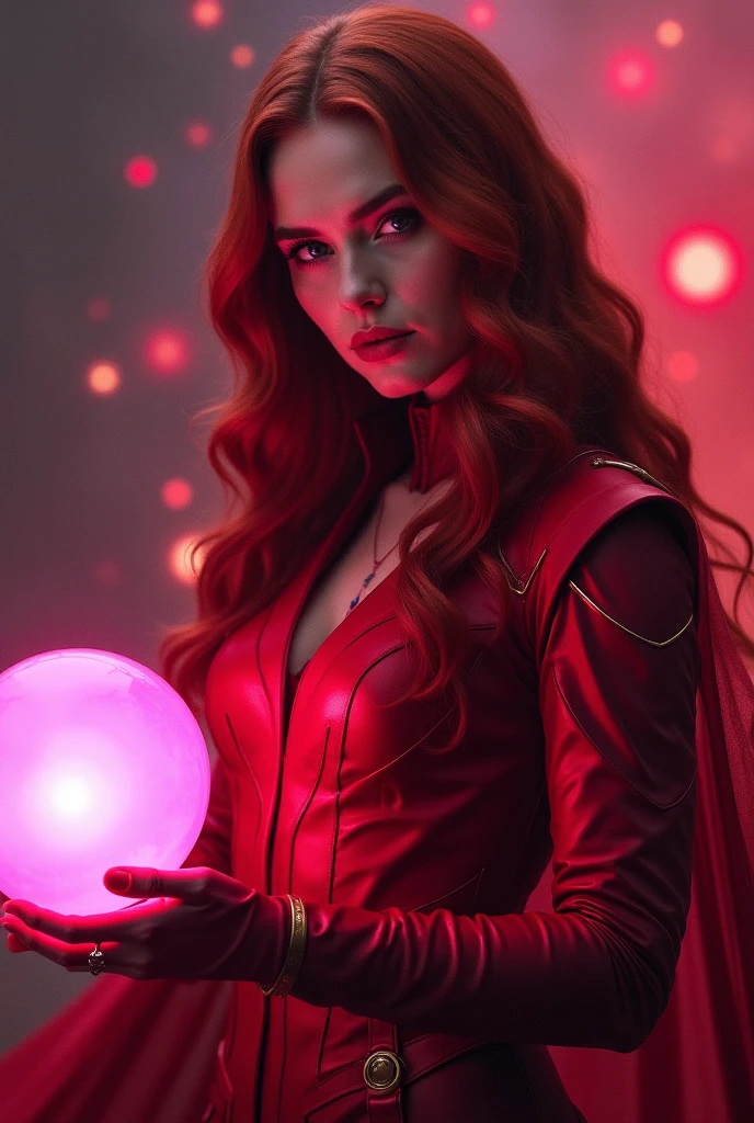 ultra realistic, photography, long red hair, girl, 24 years old, hourglass figure, perfect body, Flirty look, extremely detailed artgerm, in the style artgerm, facing the camera, lens 35 mm, blur background, scarlet witch cosplay, floating in the air, red electric glowing hands, outside in darkening clouds, clouds with red electricity, full body, full body pic
