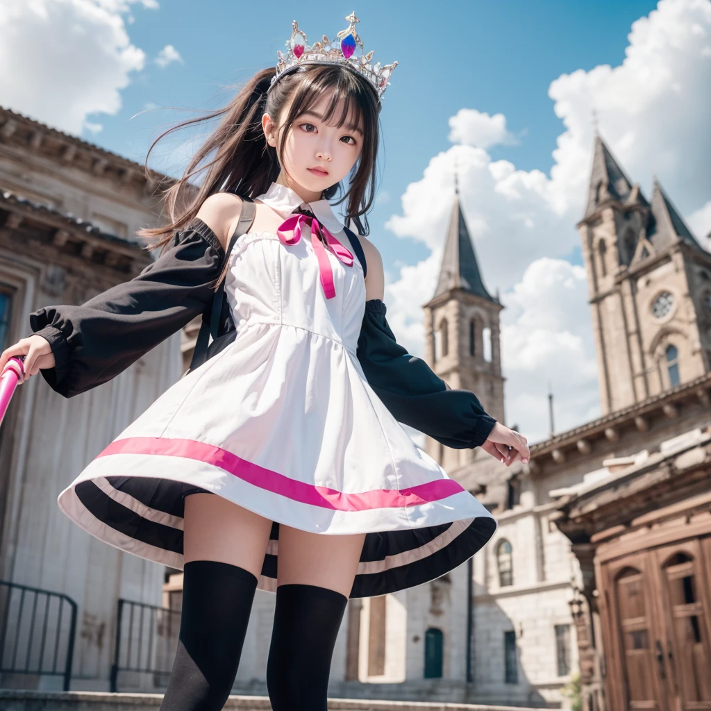 1.girl, realistic, pink dress, red stocking, sexy dress, flyng sword, in the battle field, super detail, ultra detail, ultra hd, best photography