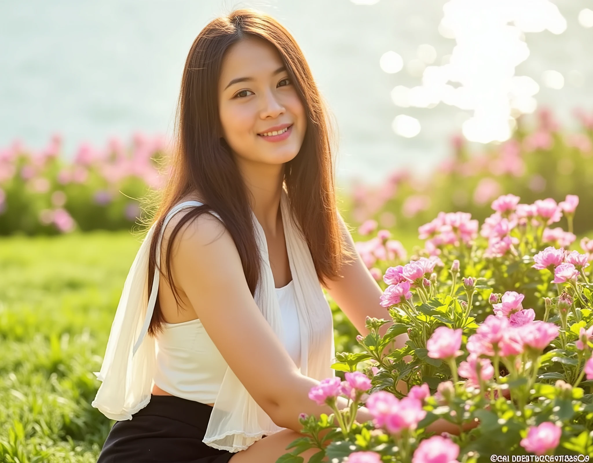 A professional photograph of an 18-year-old girl with a soft, curvy physique, full breasts, fair skin, and long, straight brown hair cascading over her shoulders. She is sitting gracefully on a lush green lawn, surrounded by vibrant pink flowers, with a serene lake shimmering in the background. She wears a flowing white halter top with delicate pleats, paired with stylish black shorts, creating a classic and elegant contrast. Her expression is warm and relaxed, with a gentle smile and expressive eyes that radiate tranquility. One hand lightly rests on the flowers, while the other supports her posture on the grass, enhancing the natural and peaceful atmosphere. The golden sunlight bathes the scene, casting soft shadows and enriching the vivid colors of the landscape. The image is hyper-realistic, with a perfect balance of light and depth, emphasizing the beauty of nature and the harmony between the model and her surroundings.