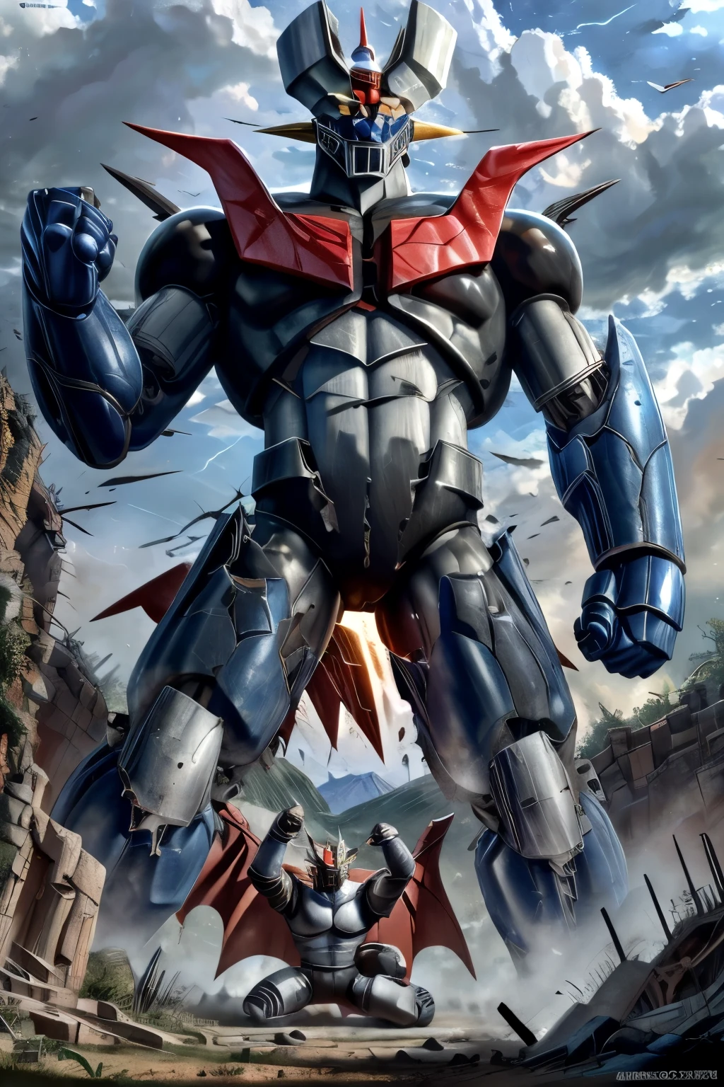 Mazinger Z , teeth、 is in a battle pose at a height of 100 meters 　 and is surrounded by multiple giant enemy robots and has taken heavy damage and collapsed, Armor is destroyed and kneels , This is a very realistic version of Mazinger Z, which has huge limbs 、 I can see the internal machinery and electronic components 　 left arm has been destroyed 　thunder　Great Mazinger dropping thunder from a clifftop to the rescue　god々Cumulonimbus clouds are shining 、 the sun shines 　 Mount Fuji　Destroyed red wings, teeth shattered, Maginger Z collapsed, spent from the fight. 　