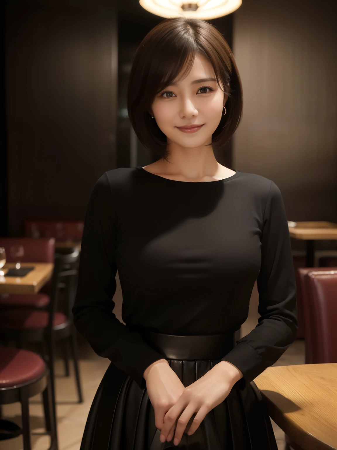 (( masterpiece))、(( top quality))、reality、 high image quality 、Married women、40 years old、 short bob、 realistic background and accessories 、 soft breasted、long sleeve soft fabric undershirt、 see-through、 captivating gaze、((Restaurant dinner 、 spotlight、 dark background ))、whole body、 saggy breasts、 soft long skirt、Wide angle、I'm not looking at the viewer 、 smiles、