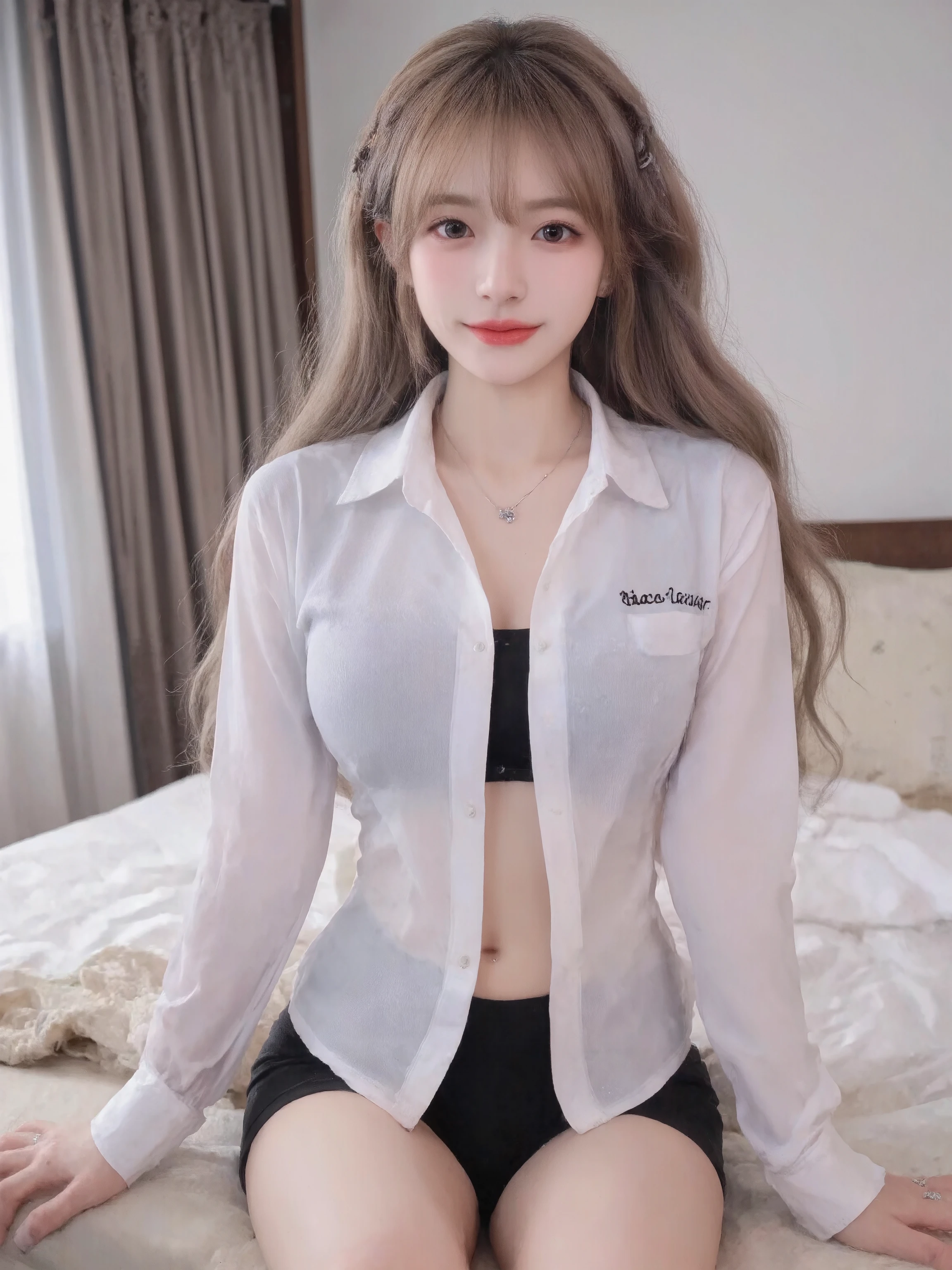  super detailed: 1.5,  high resolution,  sharp focus: 1.5,  highest quality, Realism, Dim lighting : 1.2, Depth of Field, Bokeh,  Beautiful Detailed Face ,  fair skin: 1.2, Natural neck length,  Beautiful Hands ,  perfect figure,  Anatomy Correct,  Detailed Fabric Texture,  Detailed Hair Textures ,  Lazy curls， Air Bangs， flax-colored hair，Oval face,   round, big, dark eyes,  Clear Big Eyes , Hydrating red lips,bedroom，curtain，floor，large size white shirt: 1.1, Black yoga shorts，Upright chest， Soft Light and Shadow ,  natural breeze brushing hair ,  delicate skin texture ,  bokeh to highlight characters,happy，Silver necklace，ring finger ring, detailed necklace and ring details, full body photo，模特趴在floor上， clothes close to her body，