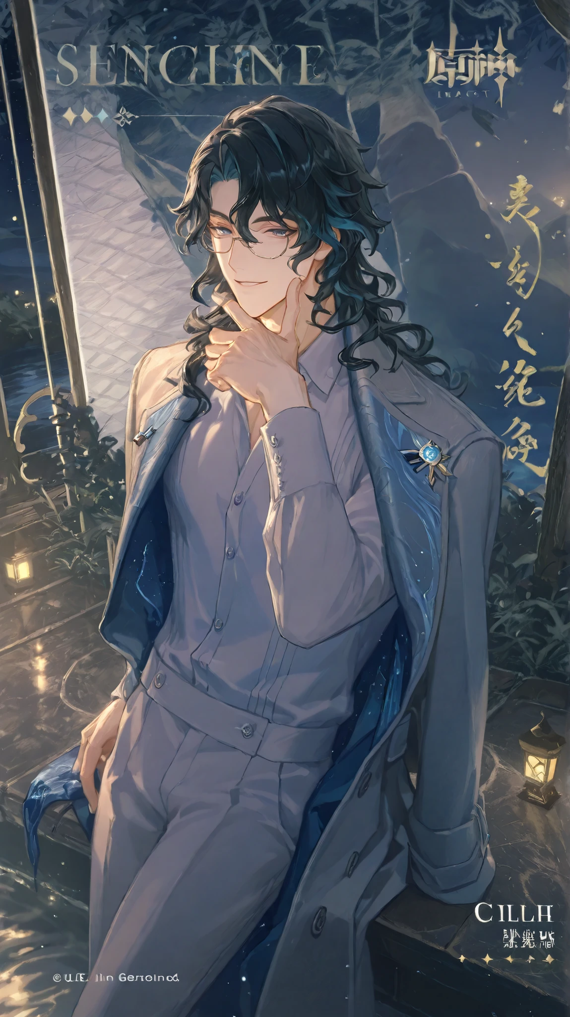 more_details:-1, more_details:0, more_details:0.5, more_details:1, more_details:1.5, black hair, long hair, (boy1), glasses, wavy hair, smile, dark, sadic smile, magic in his hand, fantasy night background, sit in the lake, lake background at night, coat on his shoulders, ((Pantalone from genshin impact)), male focus, solo,(1men),(High quality),(HD),(best quality), (ultra-detailed),(Perfect face),(black colored hair, medium long hair,His hair has two large strands of wavy hair in front, looking at the viewer, seductive blue eyes, blue diamond pin in his coat, night lighting)