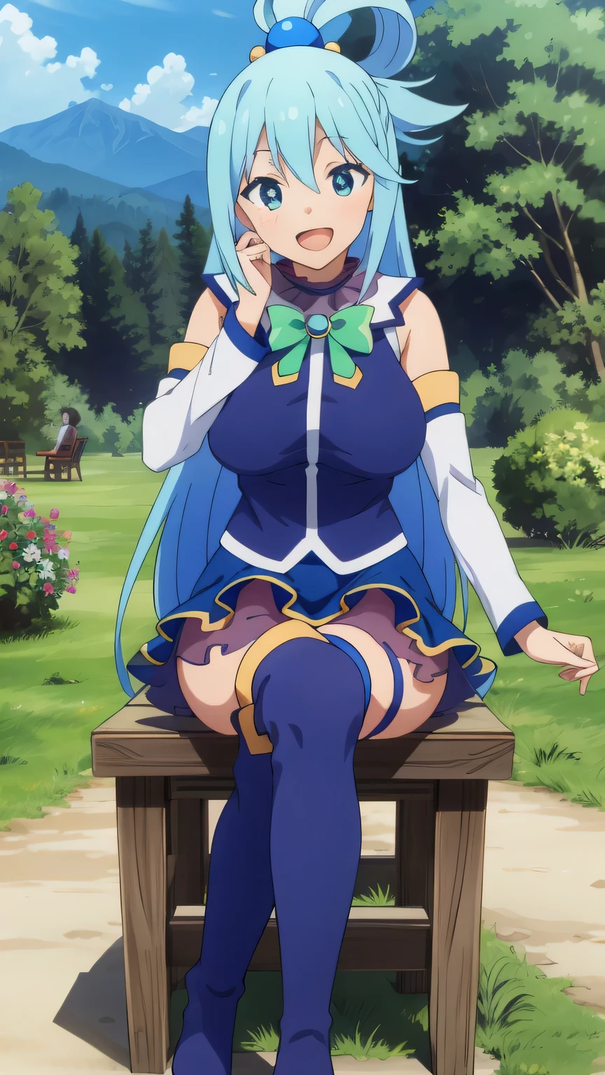 {{{masterpiece}}}, (best quality:1.5), (ultra-detailed:1.5), {illustration}, {{an extremely delicate and beautiful}}, (beautiful detailed eyes:1.6), absurdres, highres, extremely detailed face, 16k, hd, visual anime de uma jovem mulher, extremamente bonito rosto de anime, anime melhor garota, (perfect hands, perfect anatomy), anime face, aqua (konosuba), 1girl, cute face, long hair, blue eyes, hair ornament, very long hair, blue hair, half up, bangs, sidelocks, hair rings, hair bobbles, large breasts, big hips, curvaceous, BREAK, blue vest, shirt tuck out, white collar, green bow, bare shoulders, detached sleeves, white sleeves, (blue skirt:1.2), mini skirt, thighhighs, (blue long boots:1.5), thighs, zettai ryouiki, BREAK, cute face, open mouth, smiling, Looking at Viewer, (Sitting:1.2), lake, outdoor, Sunny, Sunshine, light, Fantasy, Windy, mountain, forest, flower garden, mysterious
