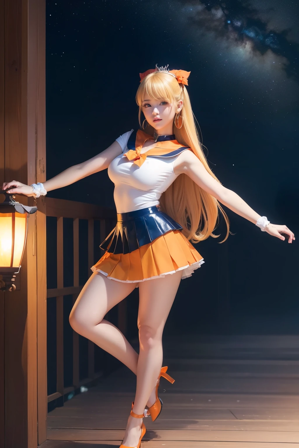 Emma watson, 22 years old, 1girl, blonde, cosplay as Sailor Venus, white sailor outfit, sailor venus outifit, orange collar, short orange skirt, orange high heels, legs showing, long white gloves