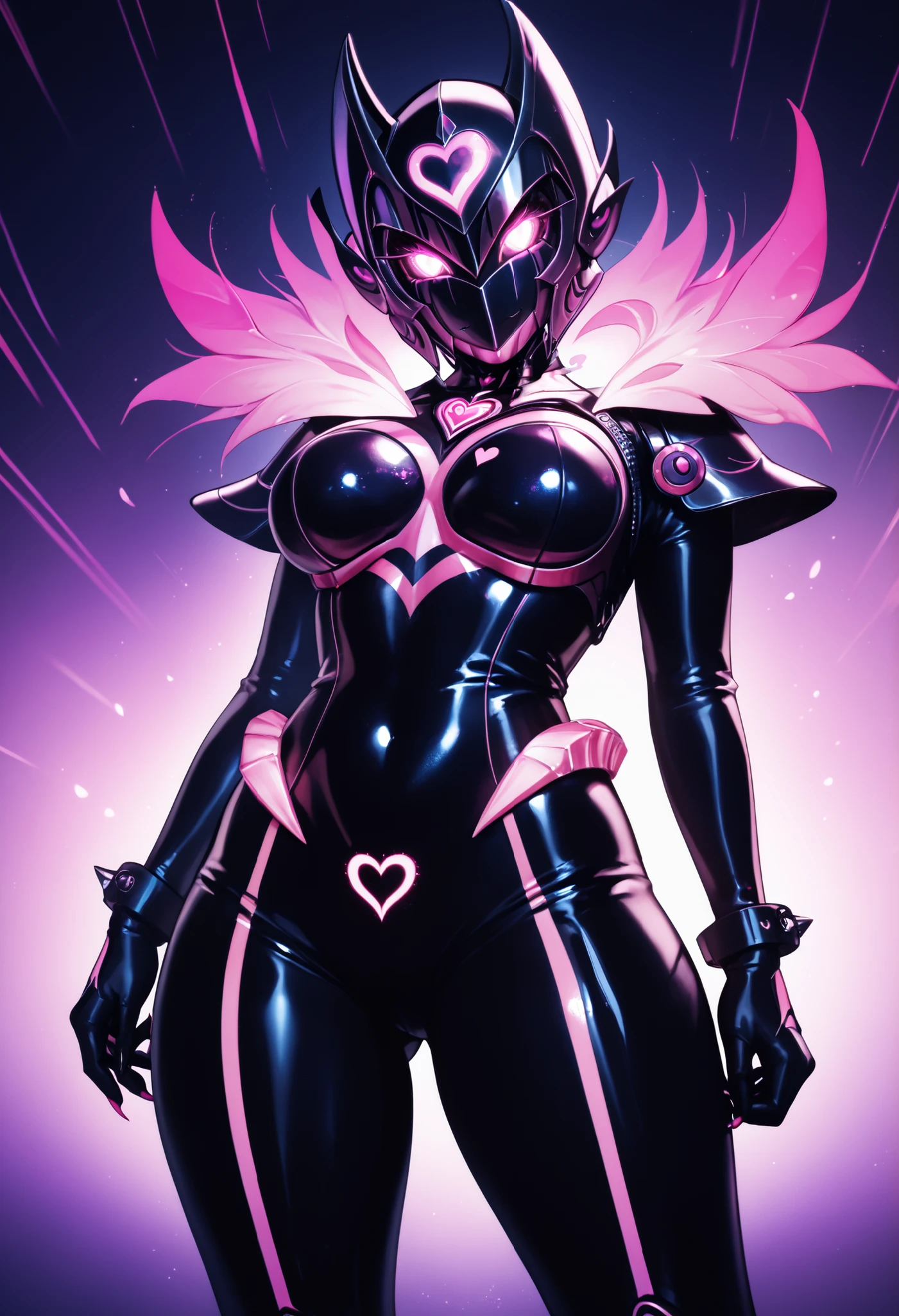 Dark UltraWoman. （high quality）（luster）（(Black Face and red eyeline)）（Black and purple thema color. black helmet. A full-face helmet. Pink lines. Purple glowing mechanical eyes. The whole body is covered with a black bodysuit. Thick legs. Breasts perky.  Spike decoration. Pink lines all over the body. Heart tattoo . purple coloreye. pink glow crystal. pink sharp claw. Night background.