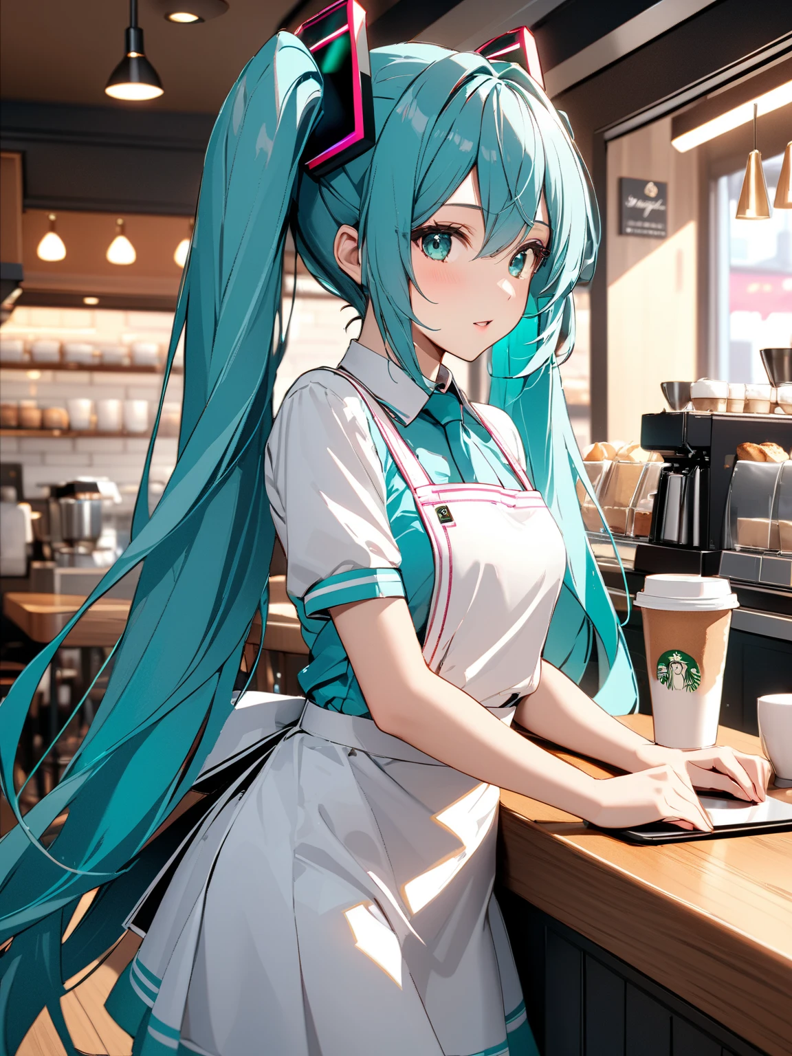 counter, Fast food clerk, Hatsune Miku, (masterpiece), highest quality, 1girl, uhd, retina, masterpiece, ccurate, anatomically correct, textured skin, super detail, high details, high quality, best quality, highres, 4K
