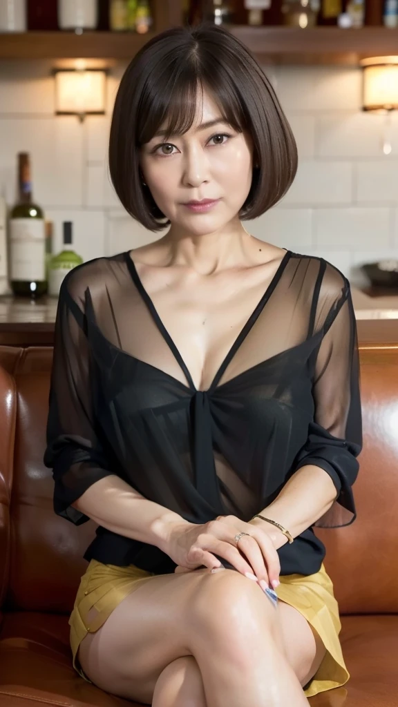 high res , high res, attention to detail , Masterpiece,( old body), sharp, (( Japanese:1.1)),(( mature woman)),(80 years old:1.6), Hair ,( straight hair:1.1),bangs,((Sitting on the sofa at the bar )), is in the center of the screen,View Photographers ,(deep v-neck sheer blouse:1.4),( tight skirt:1.4),(Small saggy breasts :1.2),( thighs:1.1),(Straight face:1.2),(old woman:1.6),Thin face, BOB CUT, Fat body,The lower abdomen is sticking out, housewife,