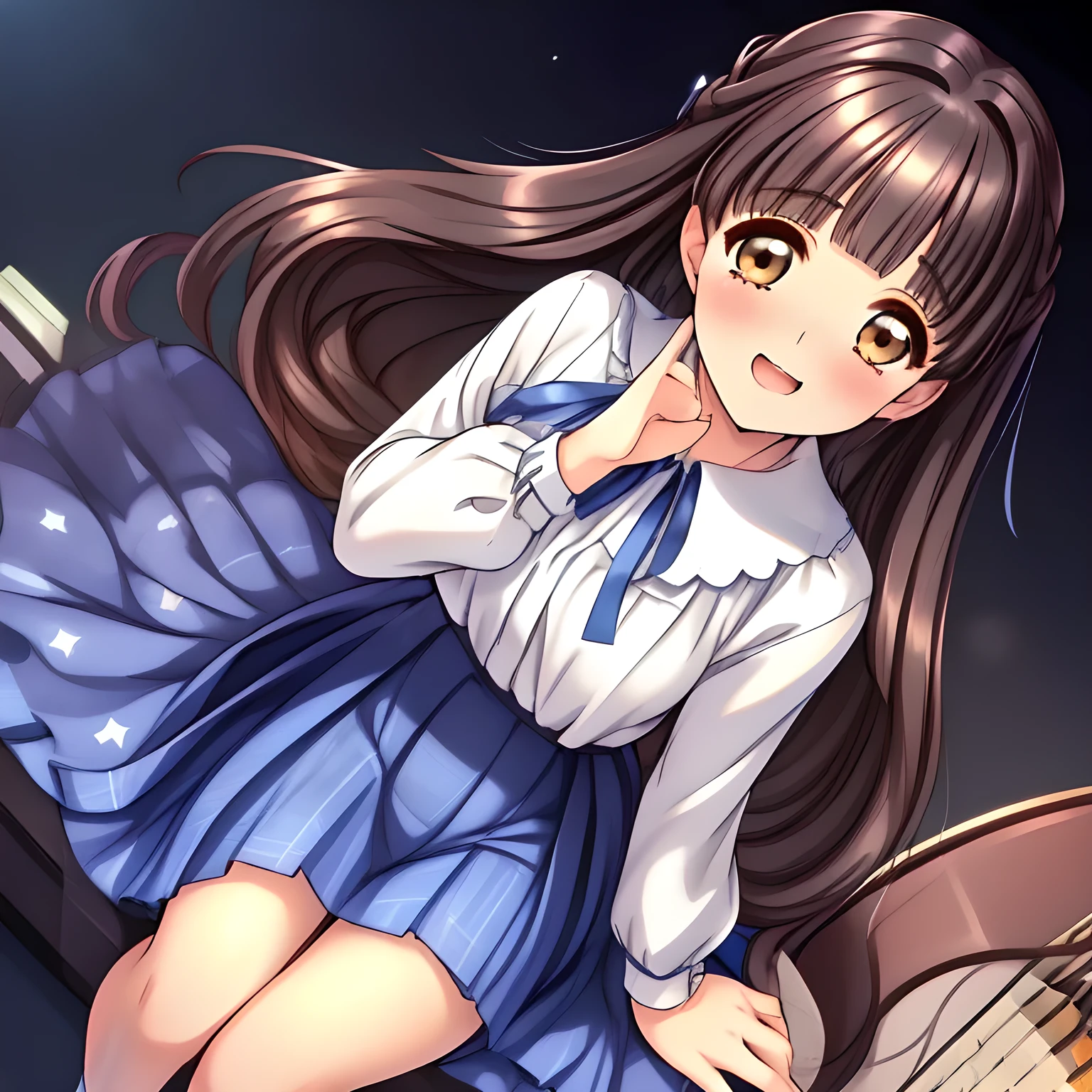(highest quality, masterpiece:1.2), highest quality, High resolution, 1080p, 8K, solo, (A yo beautiful pretty fashion model succubus is seated on a char and playing a (transparent piano) nobly and turning to me, ((laughing at me)), (looking down on me), most beloved girl in the school, (intelligent and perfectly balanced slender style), feeling too funny, amazingly neat & clean, in peace and neat lovely strong charm, cutely tilted head, beautiful legs: 1.8), (Too noble beautiful lady like a love-story comic heroine), (laughing like watching a comedy), (showing a long lewd tongue), A very lovely, very noble, pretty and pure beautiful girls. ((Bursting out Laughing very elegantly)), ((white grown face)), Using expensive whitening cosmetics by cosmetics artist: 1.2), A white face that everyone loves, Glossy lips, (curled) bangs, (Too beautiful blue fascinating shiny (double-lidded) (brown eyes) with love to the viewer, ((deep upper girly eyelid)), laughing with detailed clearly: 1.5), ((amazingly beautiful straight (slightly wavy) long black light hair: 1.5)), (Sailor-style school uniform, (Neat smart (white school blouse))): 1.8), (A very neat, (fully tartan-checkered pleated blue school skirt): 1.2), (too pretty shiny light-yellow realistic school ribbon): 1.5), (Shiny game heroine lips, extremely laughing open mouth: 1.0), (Ribbon in (black hair), long thin braids, The ribbon is big and very pretty), (Tight waist, slender like a beautiful fashion model: 1.5), (The background is (plain black space with lovely heart stars) to emphasize her fascination: 1.8), (The lady knows well about the viewer's super fetishism for school uniforms, and satisfies it completely in the viewer's lewd dream: 1.7), (beautiful neat fascinating cute noble atmosphere in a high school only for beautiful ladies to learn how to be charming: 1.8), (one girl, take a full body upward shot: 1.2)