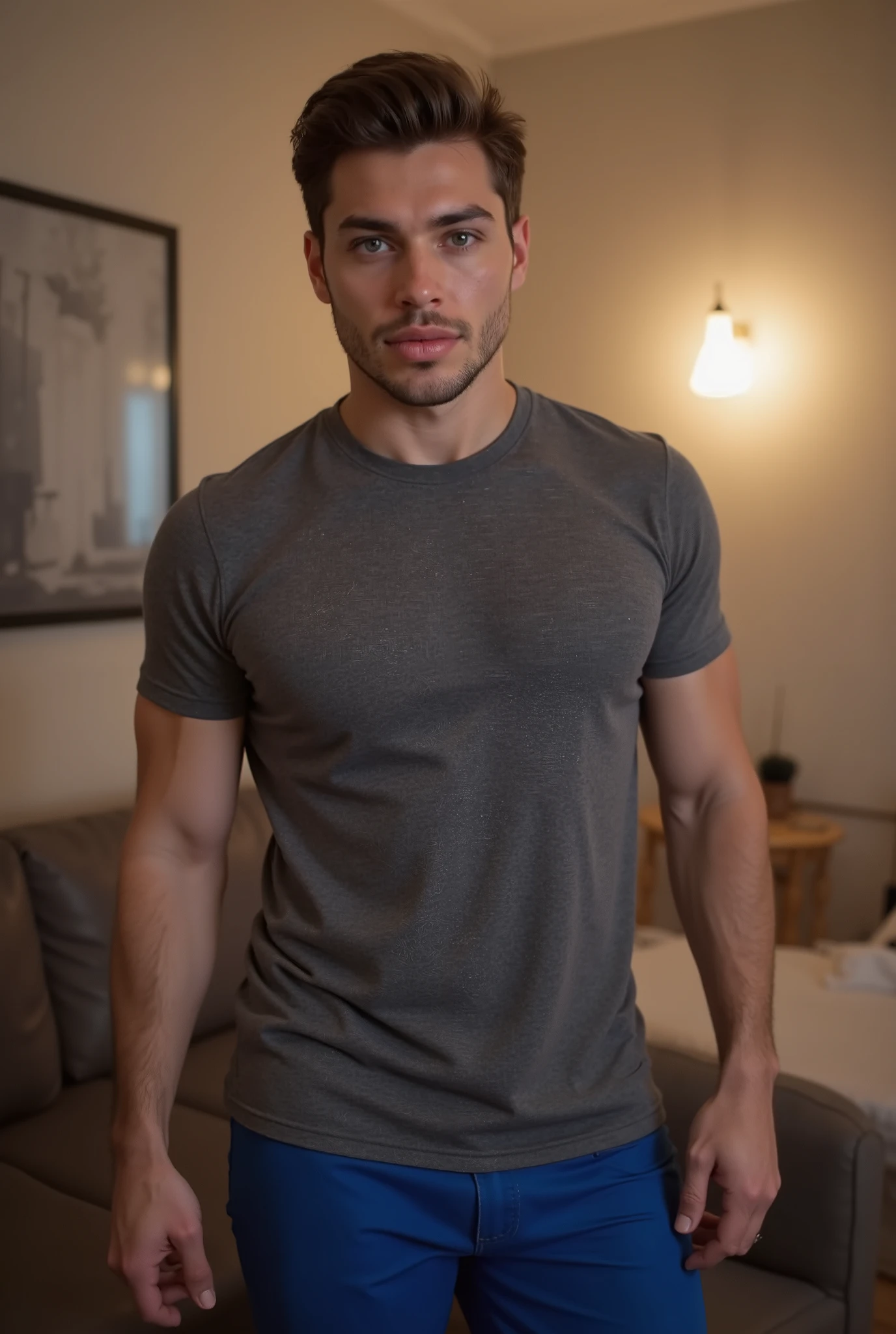 ((RAW Photo), absurd, (absurdresolution)), (Realistic) masterpiece, best quality, (Extremely detailed 8k unity CG wallpaper), (best illustration), (best shadow), Realistic lighting, beautiful detailed glow, ((21 years old)), man in gray shirt, posing for picture, in blue shorts, muscular, living room,
