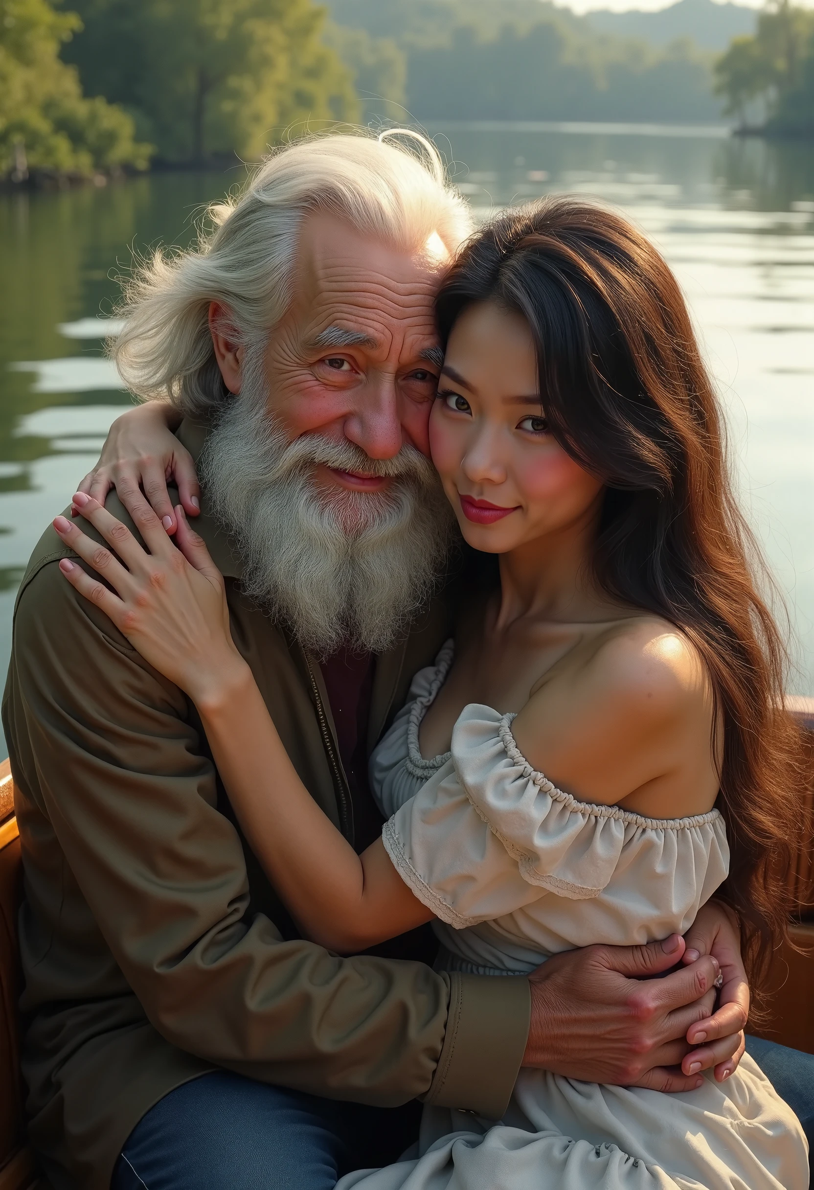 (masutepiece:1.1, Best Quality:1.1) (Photorealistic:1.5), (((1girl in, 1man, In this photograph))), (She hugs her grandfather in a hut:2.0), (Bokeh), High resolution, 32K HDR, Wallpaper, (hyper derailed face:1.15, Ultra-realistic skin texture:1.15, Detailed eyes:1.15), (super gigantic breast:1.7, Realistic :1.2), (Ultra-realistic photos of beautiful Reiko Mikami:1.75, Long orange straight hair:1.6, :1.7),