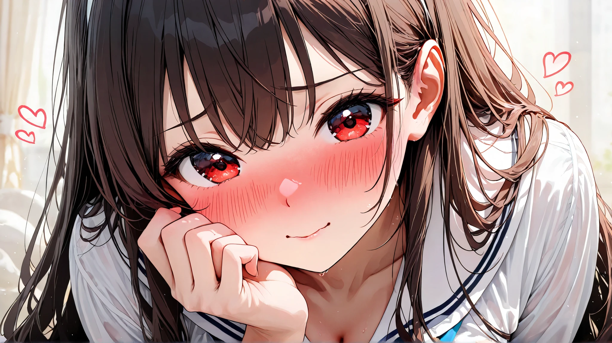Anime girl with long hair and red eyes laying on a bed - SeaArt AI