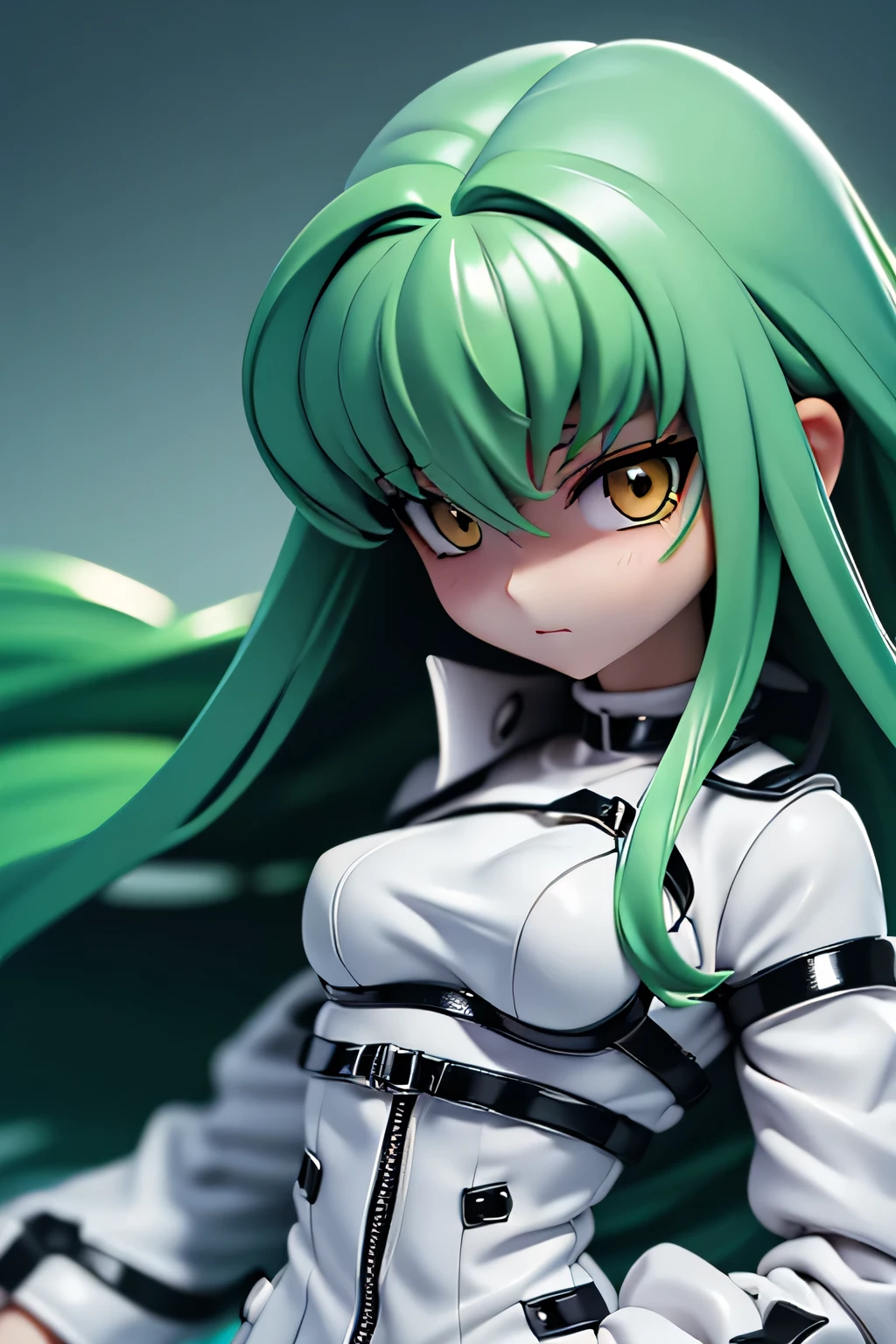 perfect anatomy top quality, highest resolution,(((white straitjacket with metallic luster shiny green hair long hair yellow eyes shiny skin around))) c.c cool