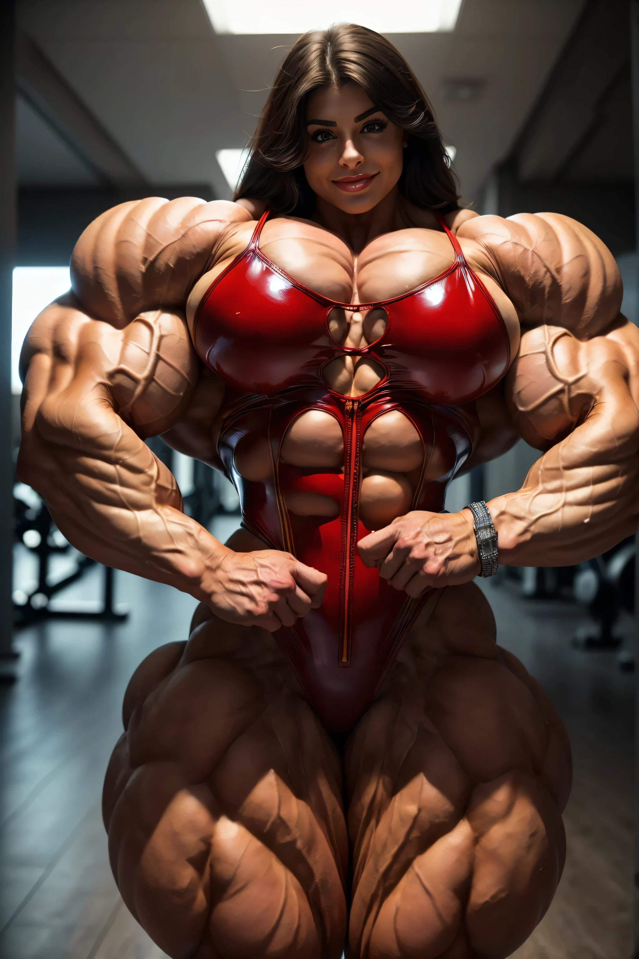 a muscular woman, detailed facial features, angry expression, clenched fists, veins popping, tensed muscles, intense workout, fitness studio, dramatic lighting, cinematic camera angle, (best quality,4k,8k,highres,masterpiece:1.2),ultra-detailed,(realistic,photorealistic,photo-realistic:1.37),cinematic,dramatic,hyper-detailed,unreal engine,octane render,hyper-realistic,extremely detailed muscles,extremely defined musculature