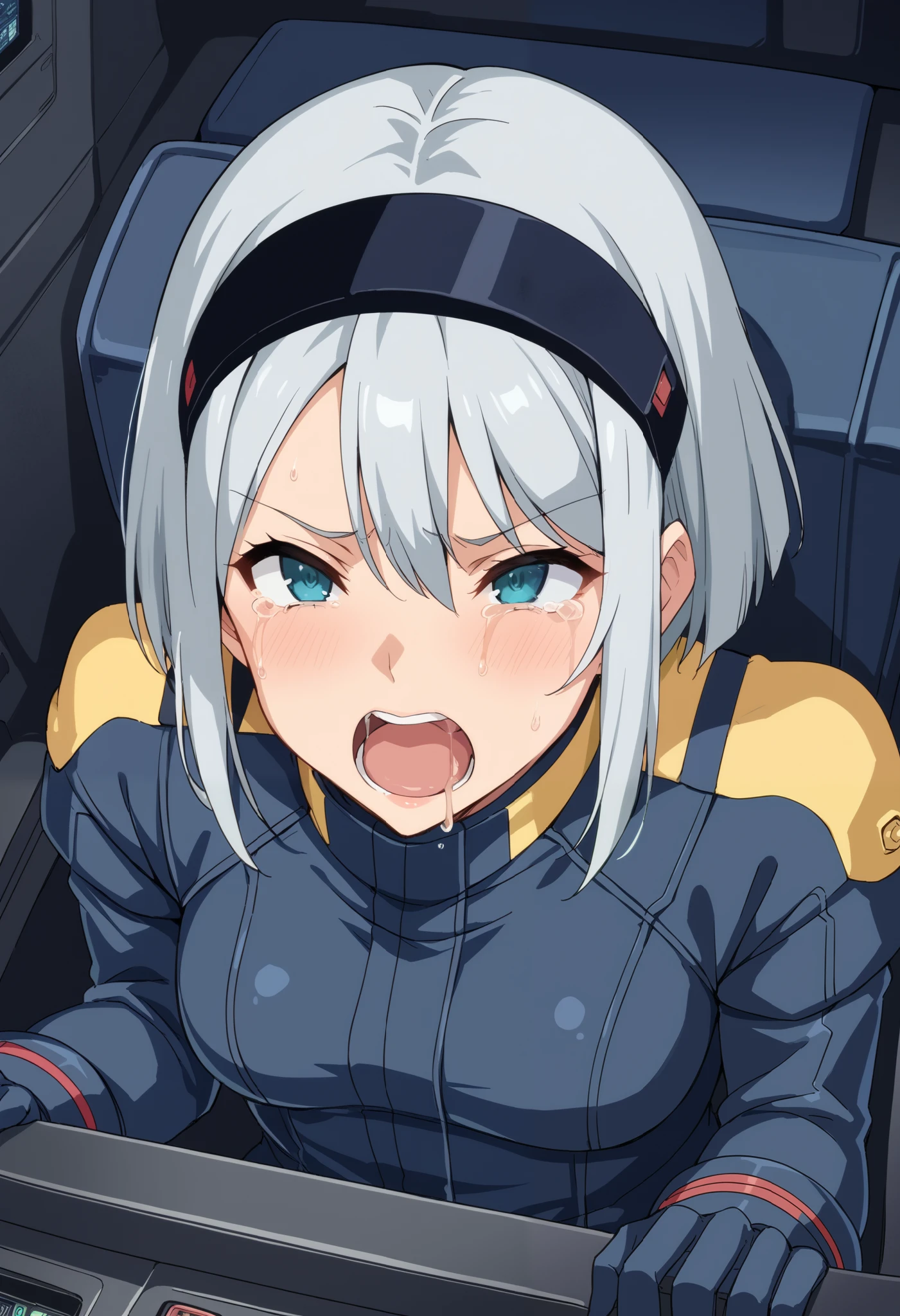 score_9, score_8_up , source_anime, 1girl , zgundam pilotsuit, black pilotsuit、 gray hair、 cockpit in the background、 sits in the cockpit、 crying face、 I'm screaming with my mouth open 、