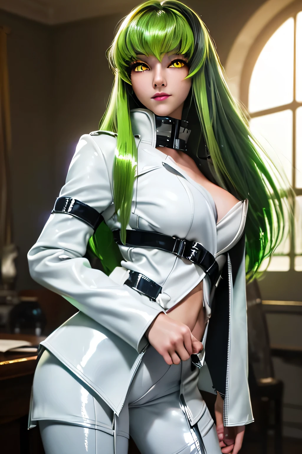 1 girl, moka akashiya, long silver hair, red eyes with slit pupils (( 1 : 3 )), large breast, school uniform, green blazer, white shirt, brown skirt with black square pattern, standing, outdoor,