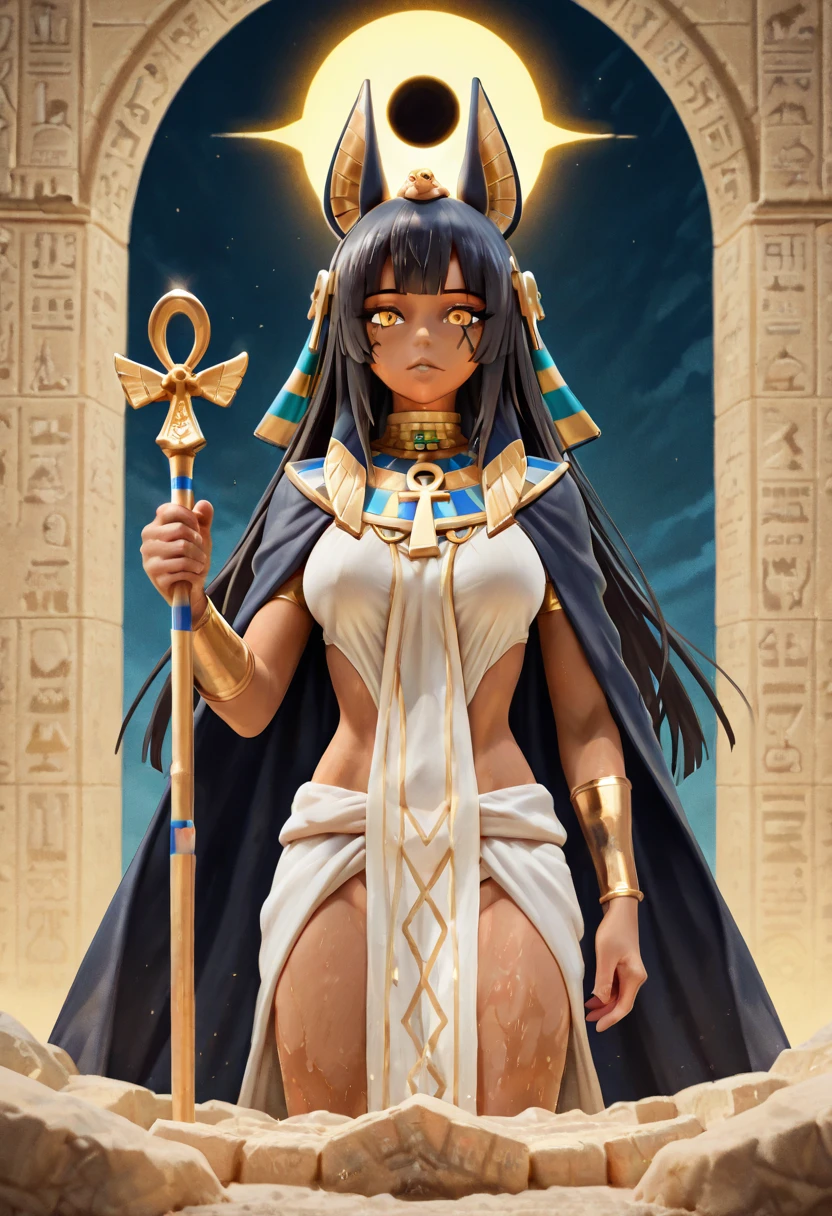 Let's detail again the image of Anubis's avatar with the specified characteristics:
### Avatar of Anubis 1 Description. **god anubis**:
- **Appearance**: Anthropomorphic figure with jackal head.
- **stance**: arms crossed over his chest, symbolizing power and authority.
2. **Farbeoa de Rei**:
- **Design**: A crown inspired by the crowns of Egyptian pharaohs, possibly the double crown (Psent) which symbolizes the union of Upper and Lower Egypt.
- **styled**: Metallic and ornate elements, mixing ancient design with a futuristic touch.
3. **Skinned**:
- **Farbe**: Skinned branca de alabastro, giving an almost ethereal glow to the figure.
4. **Robotic right arm**:
- **Design**: Advanced technology neck with gold and copper details.
- **detaileds**: Visible circuits and joints inspired by Egyptian hieroglyphs.
5. **eyeballs**:
- **pupils**: pupils em forma de pentagrama.
- **Farbe**: Intense shine in a shimmering purple hue.
### detaileds Adicionais
- **Clothing**:
- **vestimentas**: Traditional Egyptian kilt adorned with hieroglyphs.
- **Accessories**: long strain (usekh) with precious stones and gold.
- **scenario**:
- **enviroment**: A mix of ancient Egyptian temple and futuristic technology, including holographic panels and neon lights.
- **texturas e Farbees**:
- **Farbees predominantes**: doradas, offwhite, roxo e preto.
- **texturas**: marble, polished gold and brushed metal, combining ancient and modern elements.
This reimagined depiction of Anubis' avatar provides an imposing and enigmatic figure, that mixes tradition and futurism in a unique way.