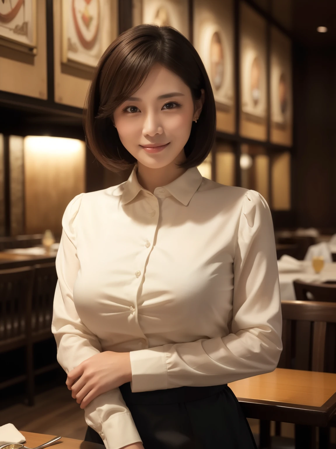 (( masterpiece))、(( top quality))、reality、 high image quality 、Married women、40 years old、 short bob、 realistic background and accessories 、 soft breasted、Beige long sleeve soft fabric undershirt、 see-through、 captivating gaze、((Restaurant dinner 、 spotlight、Dark background))、whole body、 saggy breasts、 soft long skirt、Wide angle、I'm not looking at the viewer 、 smiles、
