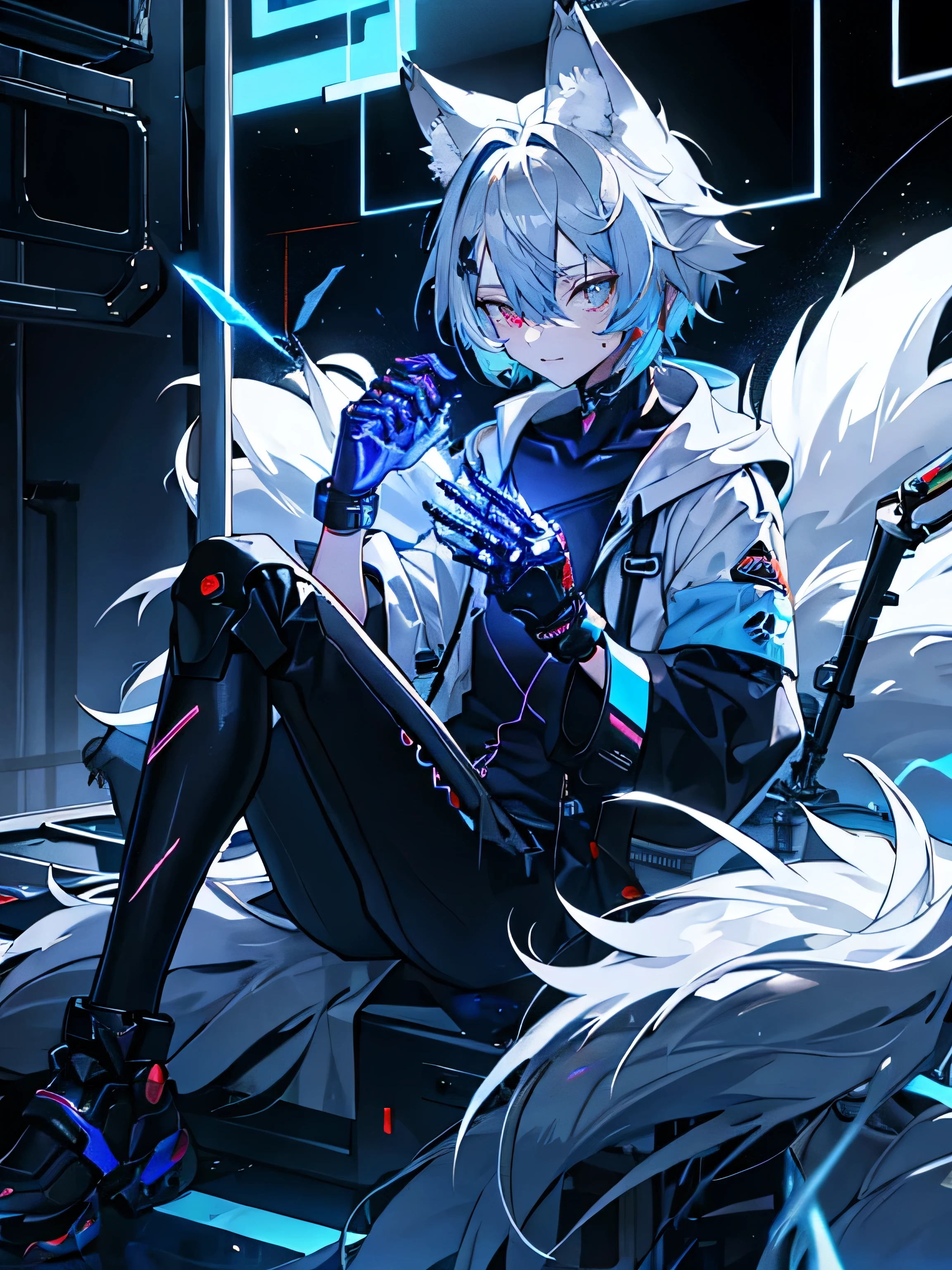 A silver-haired wolf hybrid boy (19 years old) with glowing cybernetic left eye displaying fragmented data streams, animal ears twitching nervously, wearing torn black restraint suit revealing cross-shaped surgical scars on collarbone. Half-mechanical tail coiled anxiously, clawed prosthetic hand dripping blue coolant fluid onto neon-lit cage floor. Faint constellations of dark matter energy swirling around bleeding wrists, broken electromagnetic collar sparking with 'OBEY' holograms. Pale human skin contrasting with titanium alloy skeletal reinforcements visible through torn skin, bioluminescent veins pulsing red near injection ports. Reflections of holographic pet shop advertisements in dilated pupils showing mixture of feral instincts and human fragility
