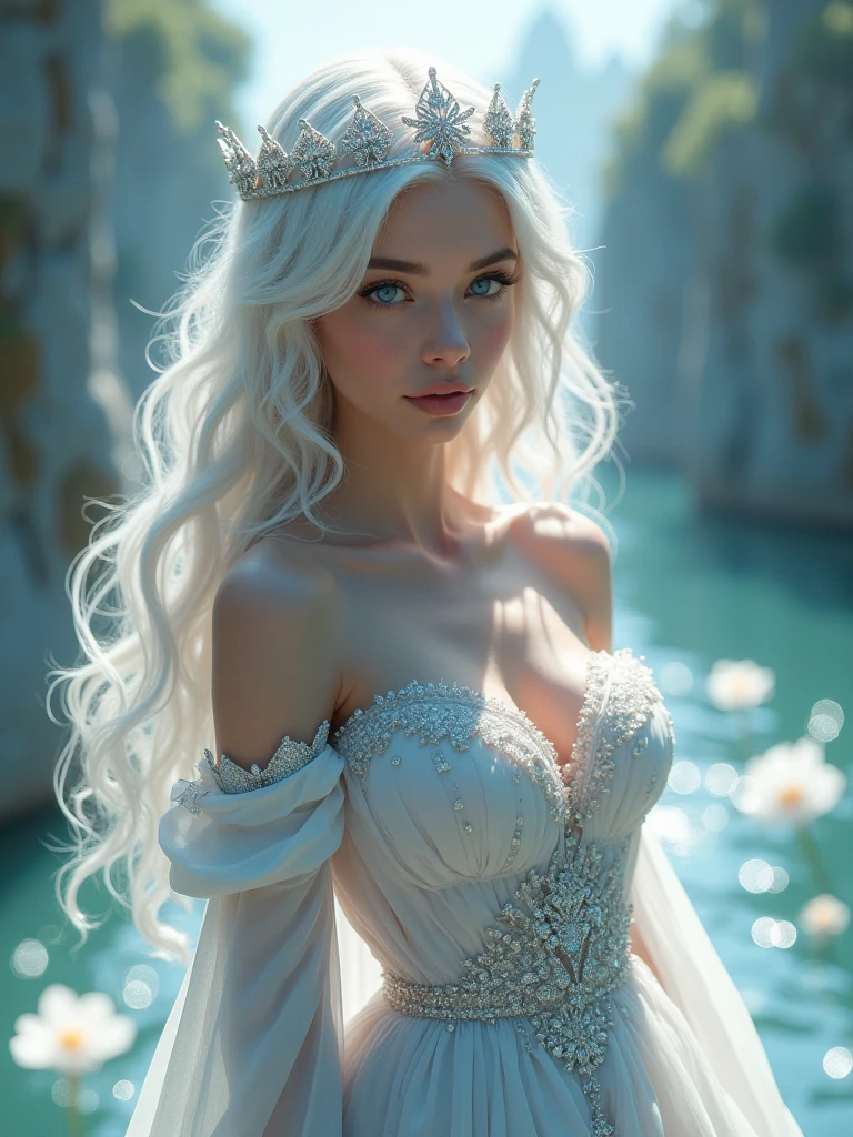 Full shot,(photorealistic:2), one girl of dazzlingly beautiful appearance stands against the backdrop of a picturesque landscape in the rainforest, snow-white wavy hair falls to the ground, the face is oval beautiful and perfect, a European Slav, the eyes are bright cornflower color, the eyelashes are long and fluffy, the eyebrows are dark, the nose is neat, the lips are medium a little plump, the face is hyperdetailed, snow-white long wavy hair to the bottom, the body is graceful and graceful with white skin, ultra short transparent organza dress with a deep neckline and neckline, the dress shines through, small breasts and swollen are visible, the girl is shod in elegant crystal shoes, a crystal tiara with sapphires on her head, a precious necklace made of turquoise and emeralds around her neck, a high-resolution photo, the image of the girl is sharp and clear, the back light draws an outline around the silhouette of the girl, the filling light soft illuminates the face and figure well, The color of the photo is cinematic, (photo as in the art gallery, photo style as William Martenson:2) --auto --s2