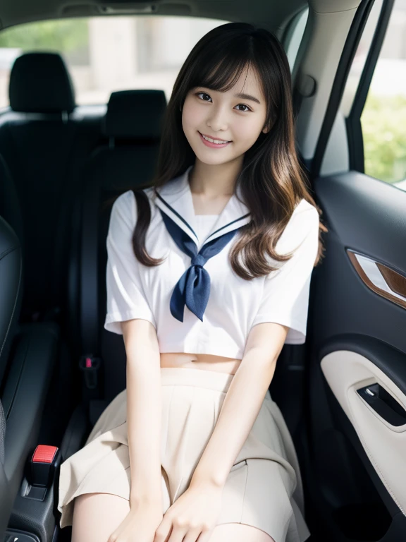 Top Quality, Masterpiece, Super High Resolution, (Photorealistic:1.4), Highly Detailed, Professional Lighting Smile, Masterpiece, Top Quality, Highly Detailed, Octane Rendering, Superior,(Japanese Girl_Woman:1.1),Japanese Girl, Shooting from slightly further away from car, Top half uniform, Inside car Woman sitting, car door wide open, showing cunt from inside car, pubic hair black, legs spread wide, crouching, female genitalia exposed