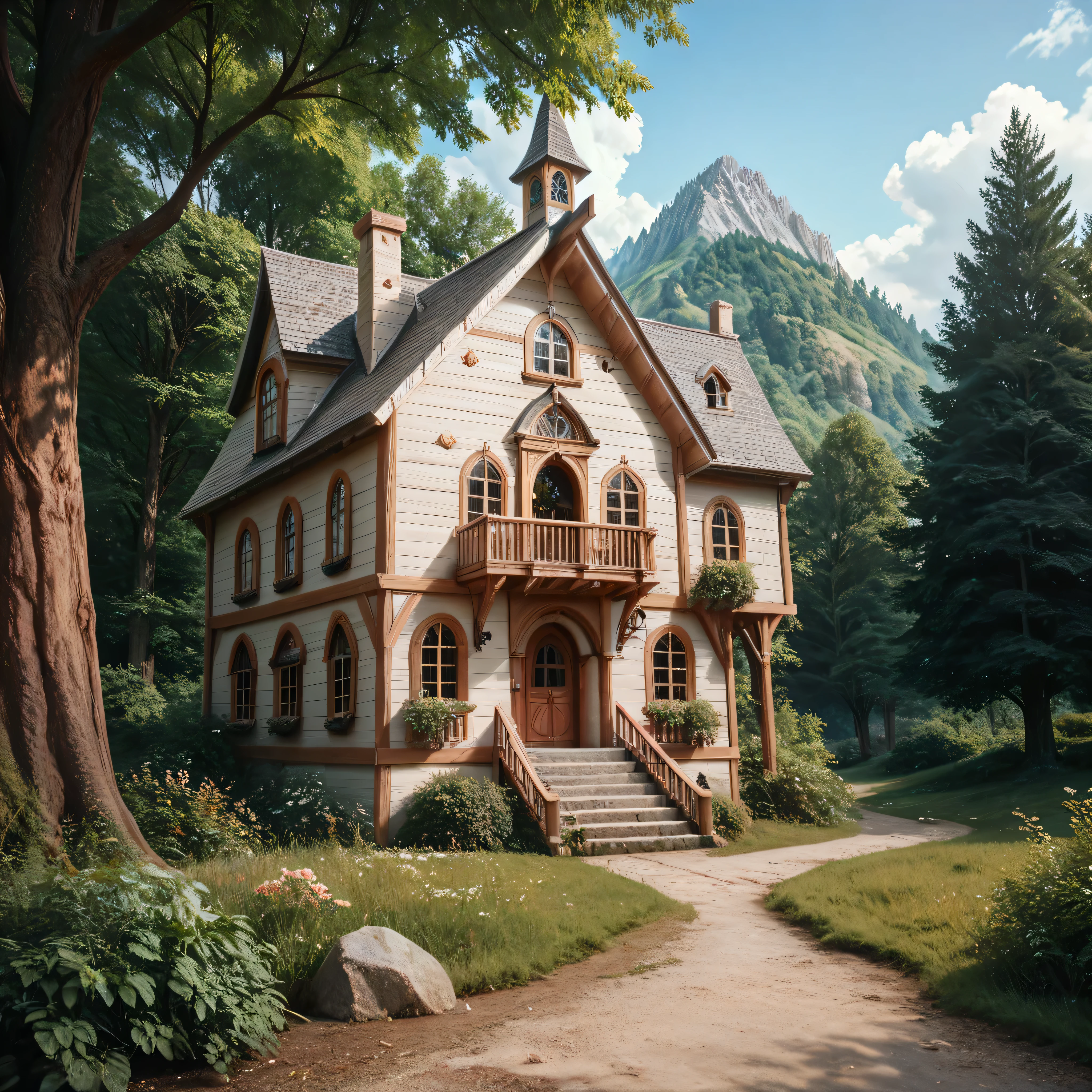 high image quality,( Photorealistic 8k RAW Photos ), nature、valley , tree Many Houses Built on Steep Slopes 々 , ( not human), high res , Realism, ( masterpiece), ( top quality ), very well detailed, high res , sharp,tree、 Scenery Luxury House