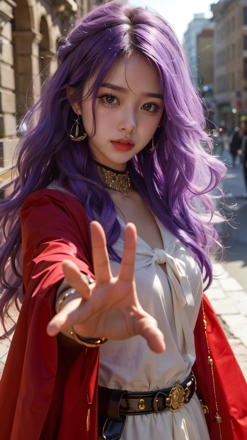 、 clear coat.dq pom     ,purple　hair,      earrings.、     top quality     , bangs , Little head on the street  :1.3 Ultra Realistic     :1.2  ,  Masterpiece,      top quality ,      More details,       realistic lighting     .A Broader Perspective.  fantasy    . Outdoors