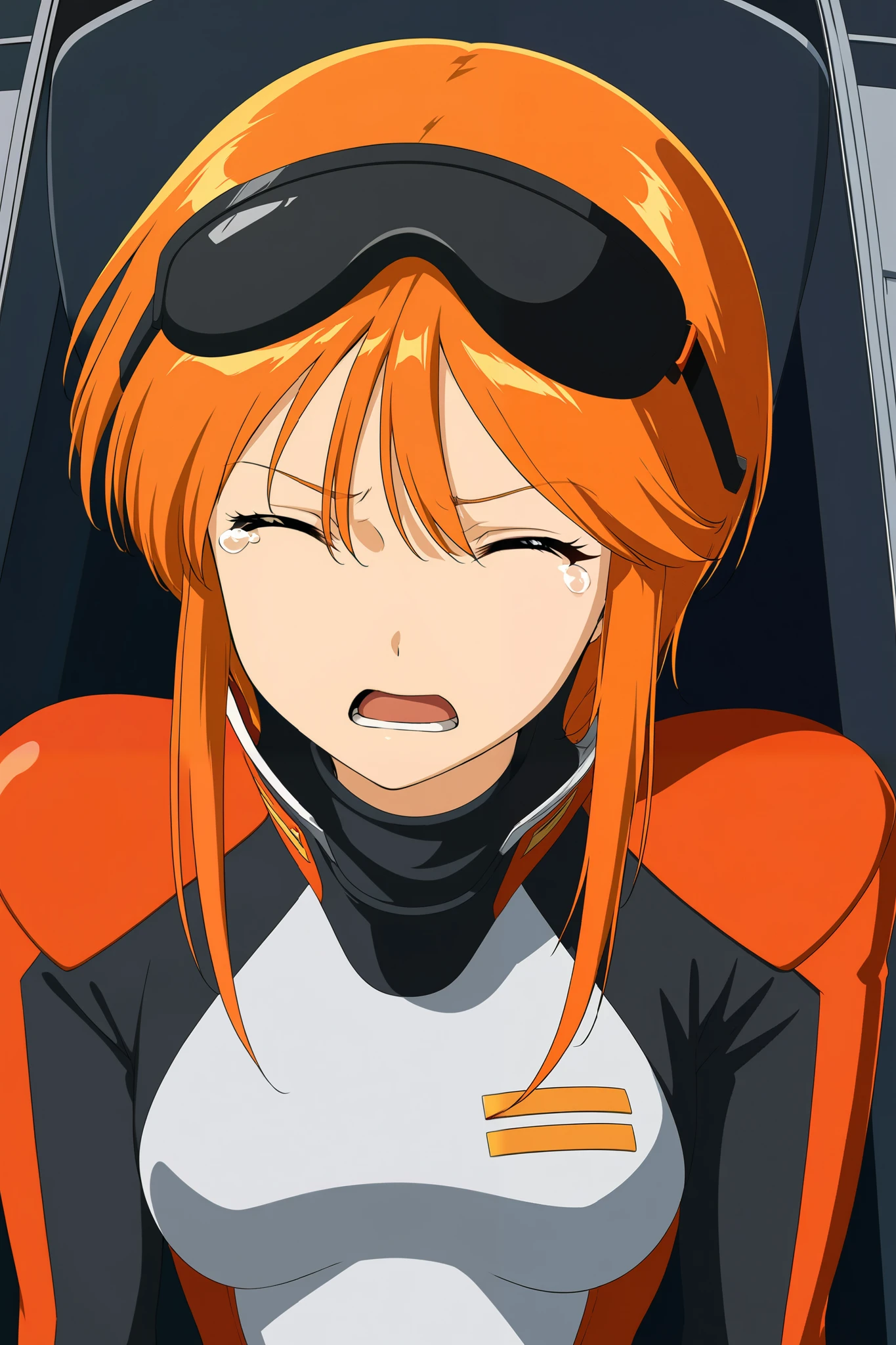 1girl ,Alone,lppl2,upper_body, orange_hair,pilot_suit,best_quality、 cockpit in the background、 sits in the cockpit、 crying face、 I'm screaming with my mouth open 、anime_screencap,